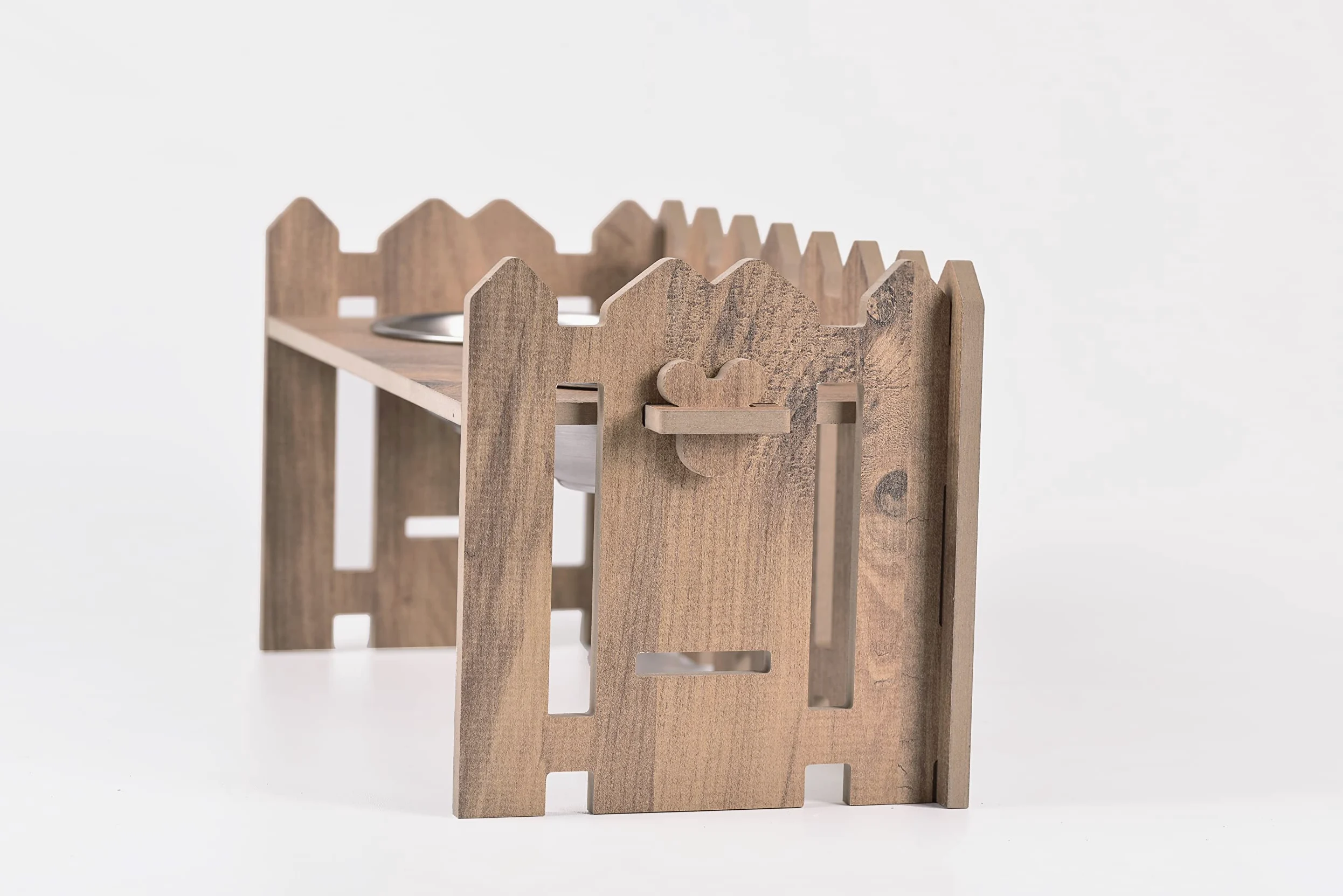 Lot de 2 supports en bois avec gamelles en céramique pour animaux domestiques et chats - Style clôture - Double gamelle en acier inoxydable