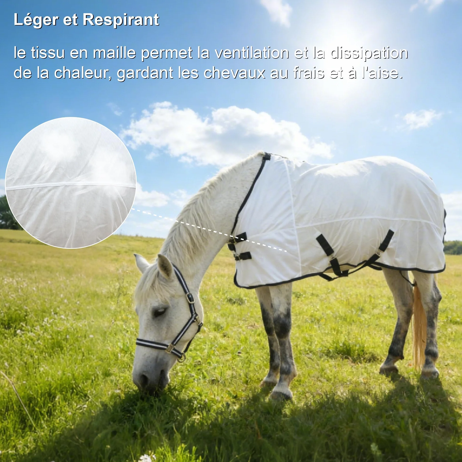 Couverture Anti-Mouches pour Chevaux 130cm Blanc Protection UV Légère Respirante Ajustement Réglable