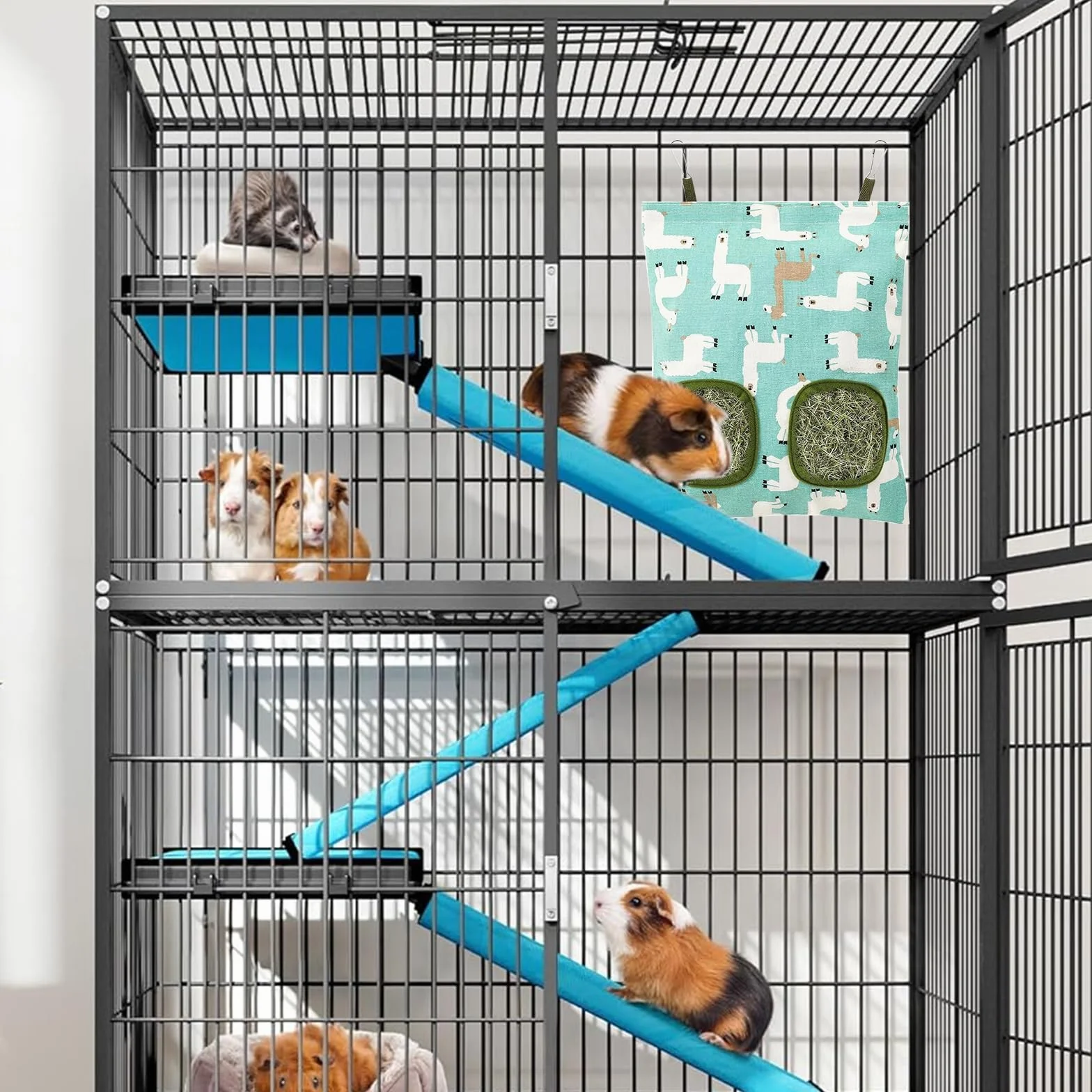 Sac à Foin Lapin Ratelier Suspendu Coton Lin 35.5x24.5 cm avec 2 Trous pour Cochon d'Inde Chinchilla Hamster