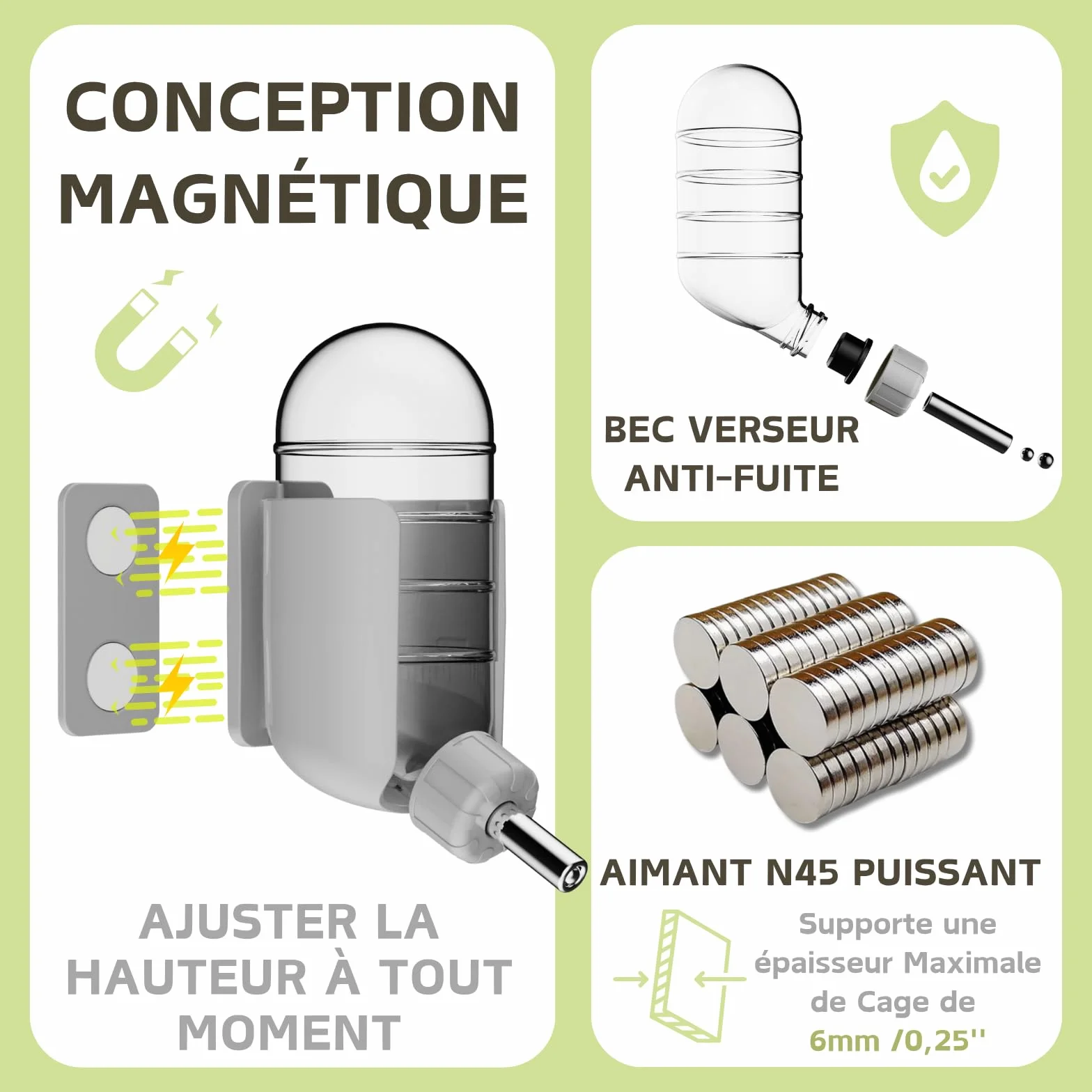 Bouteille d'eau pour Hamster avec stents magnétiques, Porte-Bouteille pour Aquariums en Verre, adaptée aux Hamsters syriens Nains, gerbilles, Souris, Rats, Degus