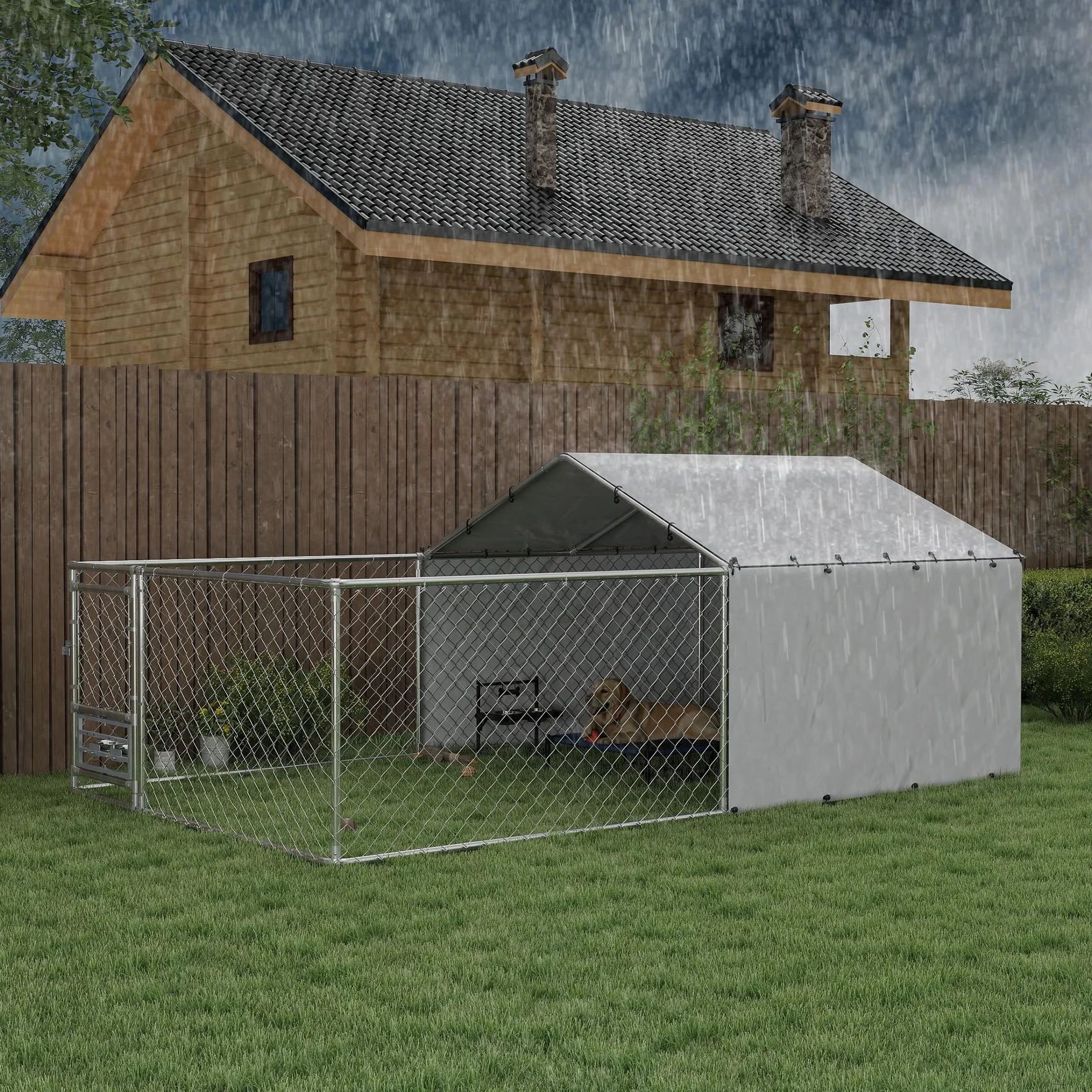 PawHut chenil clôture pour chiens extérieur avec toit anti-UV imperméable bols rotatifs boîte rangement porte verrouillage acier 400 cm