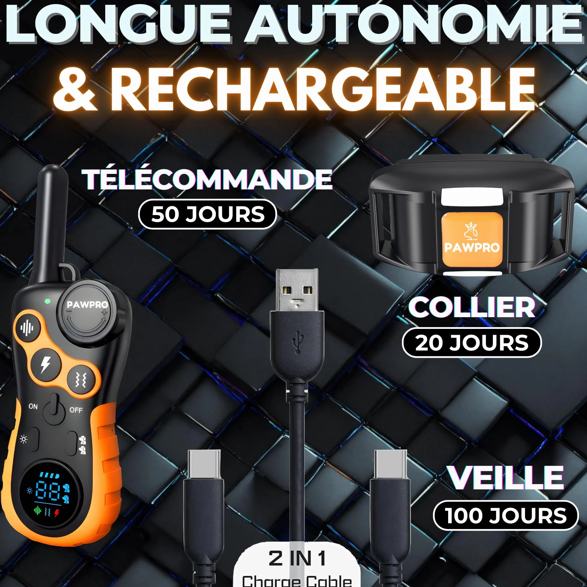 Collier de Dressage PAWPRO, Portée 3km, Mode Lumière Nocturne, 124 Niveaux, BIP Vibration Choc, Étanche Rechargeable