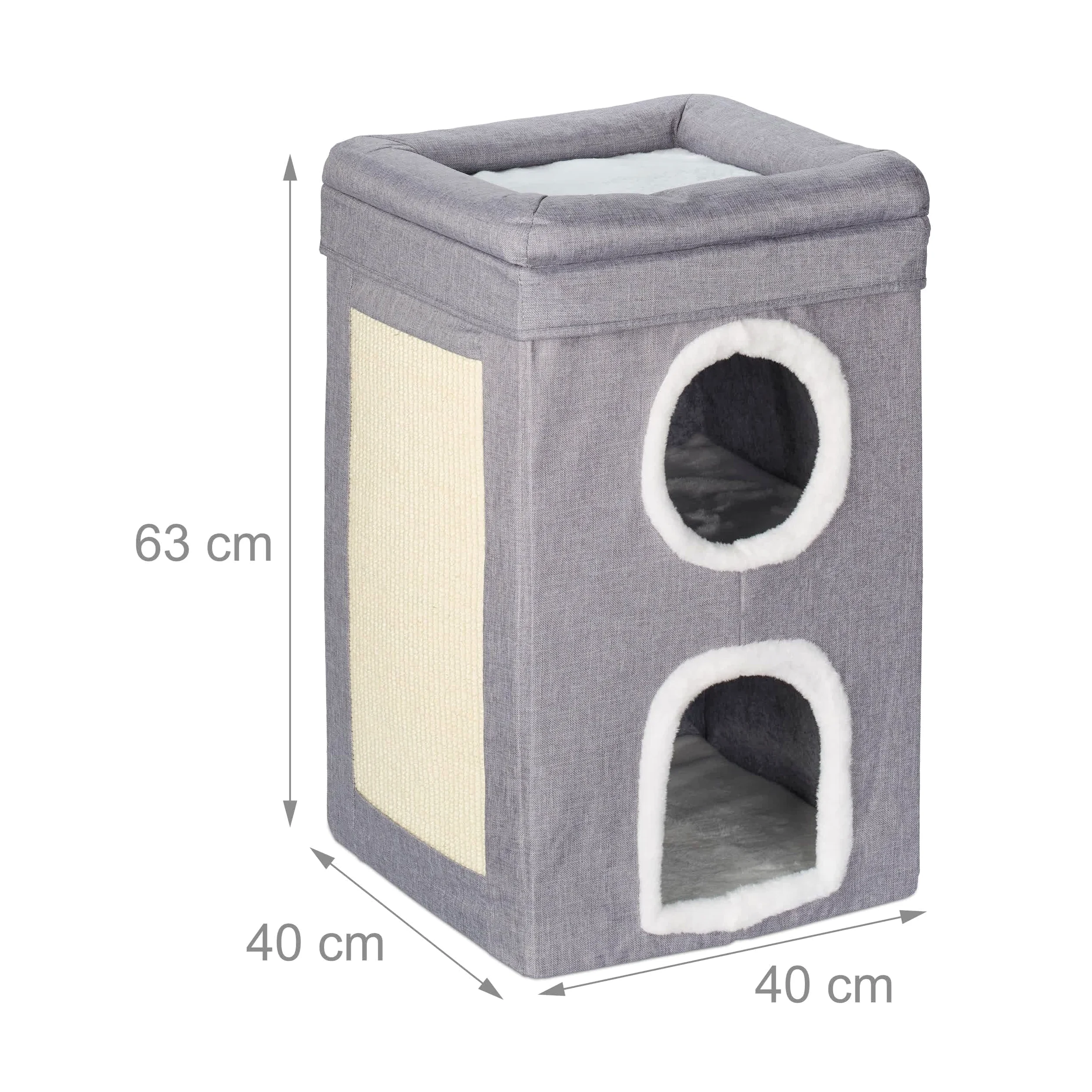 Relaxdays Niche pour Chat, 2 Trous et Surface, Maison Pliable avec griffoir, HLP : 63 x 40 x 40 cm, Gris/Blanc