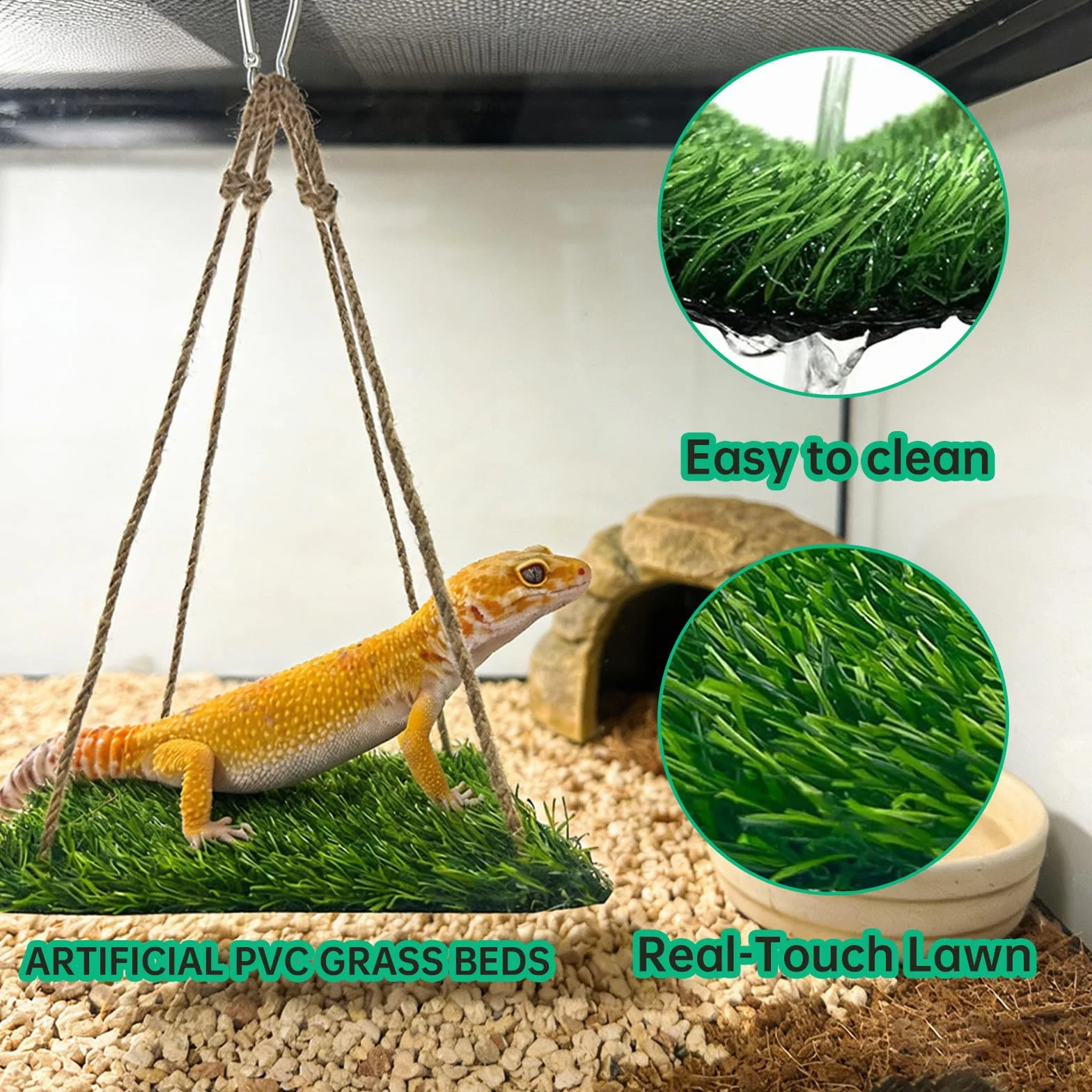 4-en-1 Plantes Suspendues et Hamac pour Reptiles – Ensemble de Décoration de Terrarium pour Reptiles avec Lianes Flexibles & Ventouses – Idéal pour Lézard, Caméléon, Gecko, Tortue (Vert)