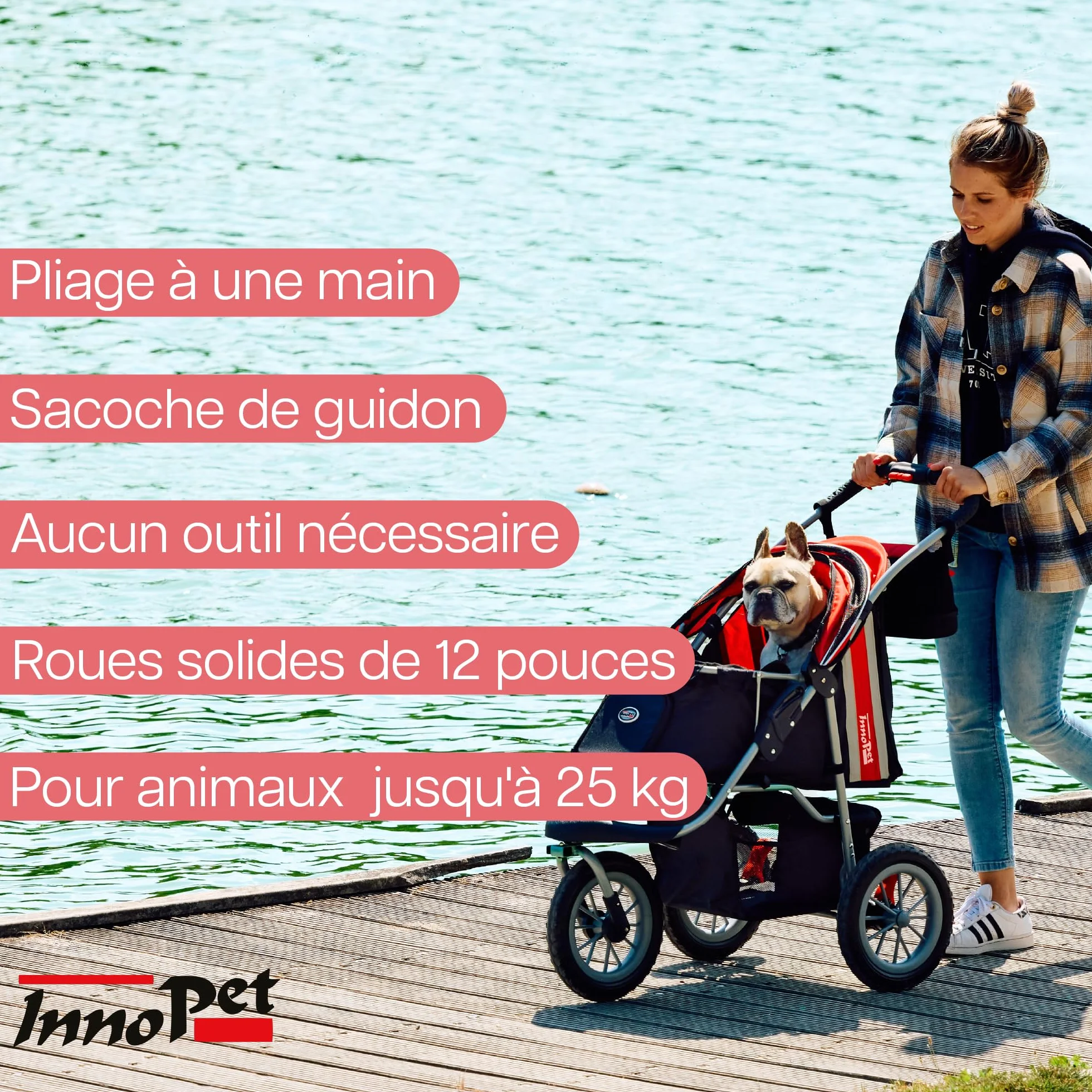 Poussette pour chiens et chats pliable Innopet Comfort Efa Eco Rouge/Noir 25 kg roues anti-crevaison 3 roues