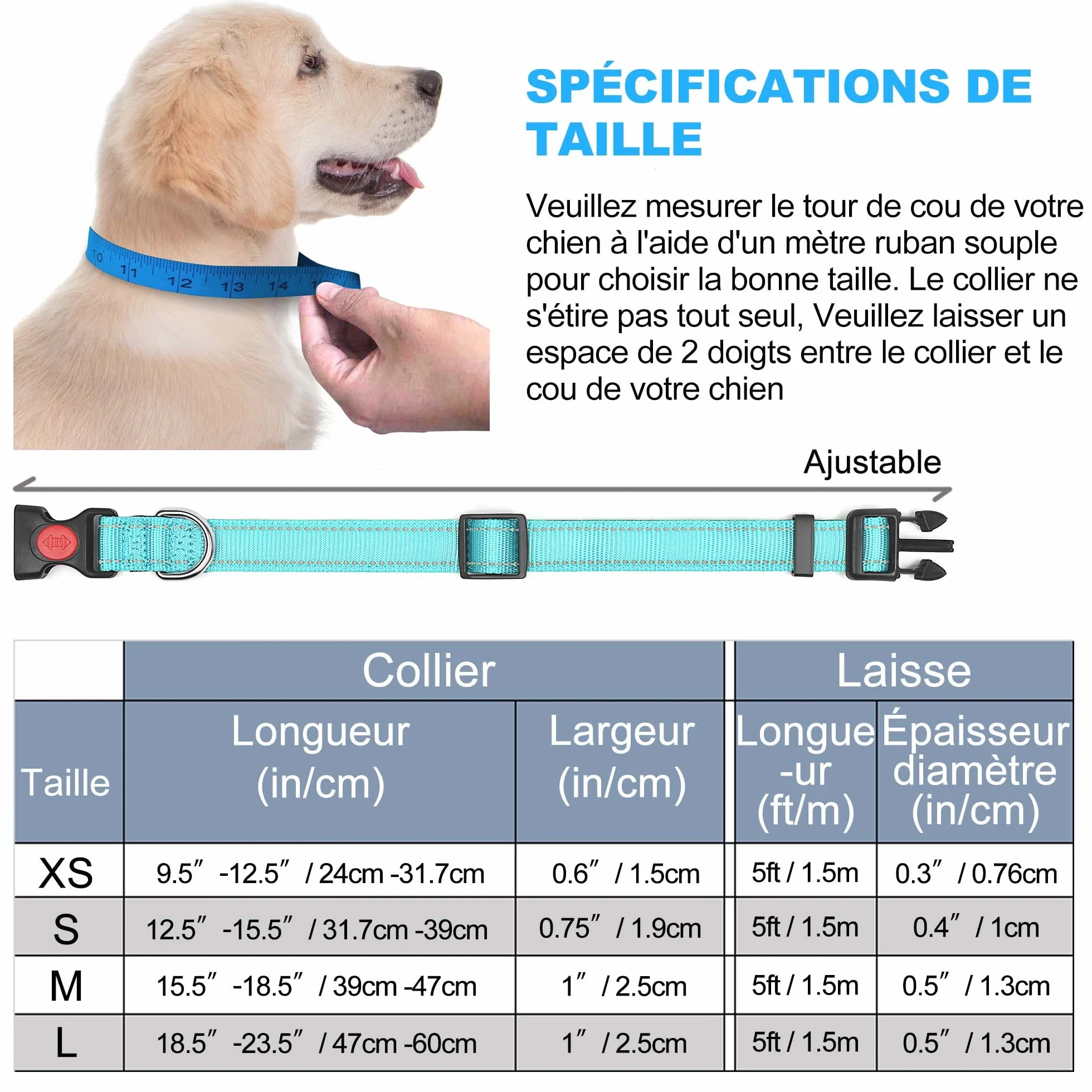 Collier pour Chien réfléchissant rembourré en néoprène Souple et Respirant, réglable en Nylon pour Chiens