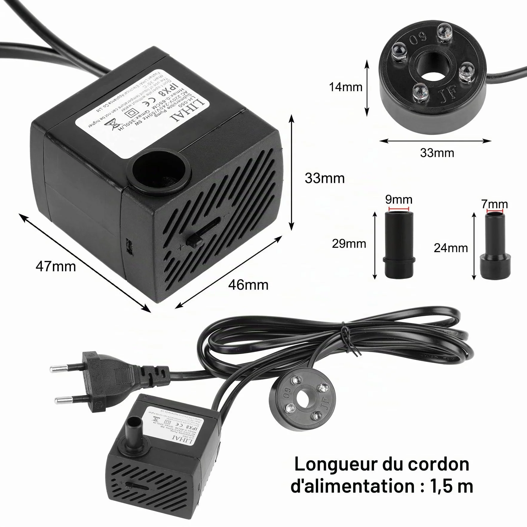 Forever Speed Mini pompe à eau d'aquarium submersible 5 W 350 l/h 0,85 m avec LED