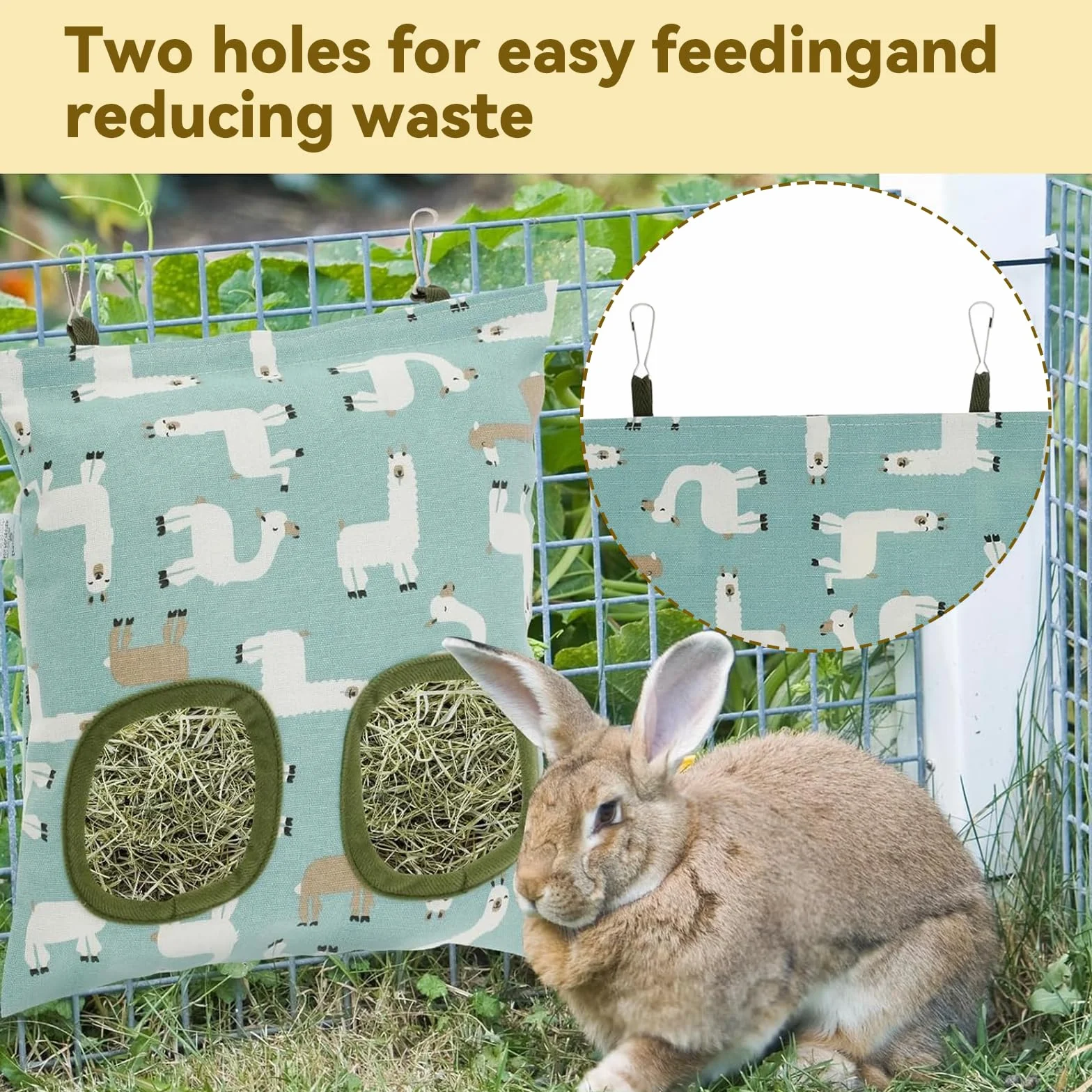 Sac à Foin Lapin Ratelier Suspendu Coton Lin 35.5x24.5 cm avec 2 Trous pour Cochon d'Inde Chinchilla Hamster