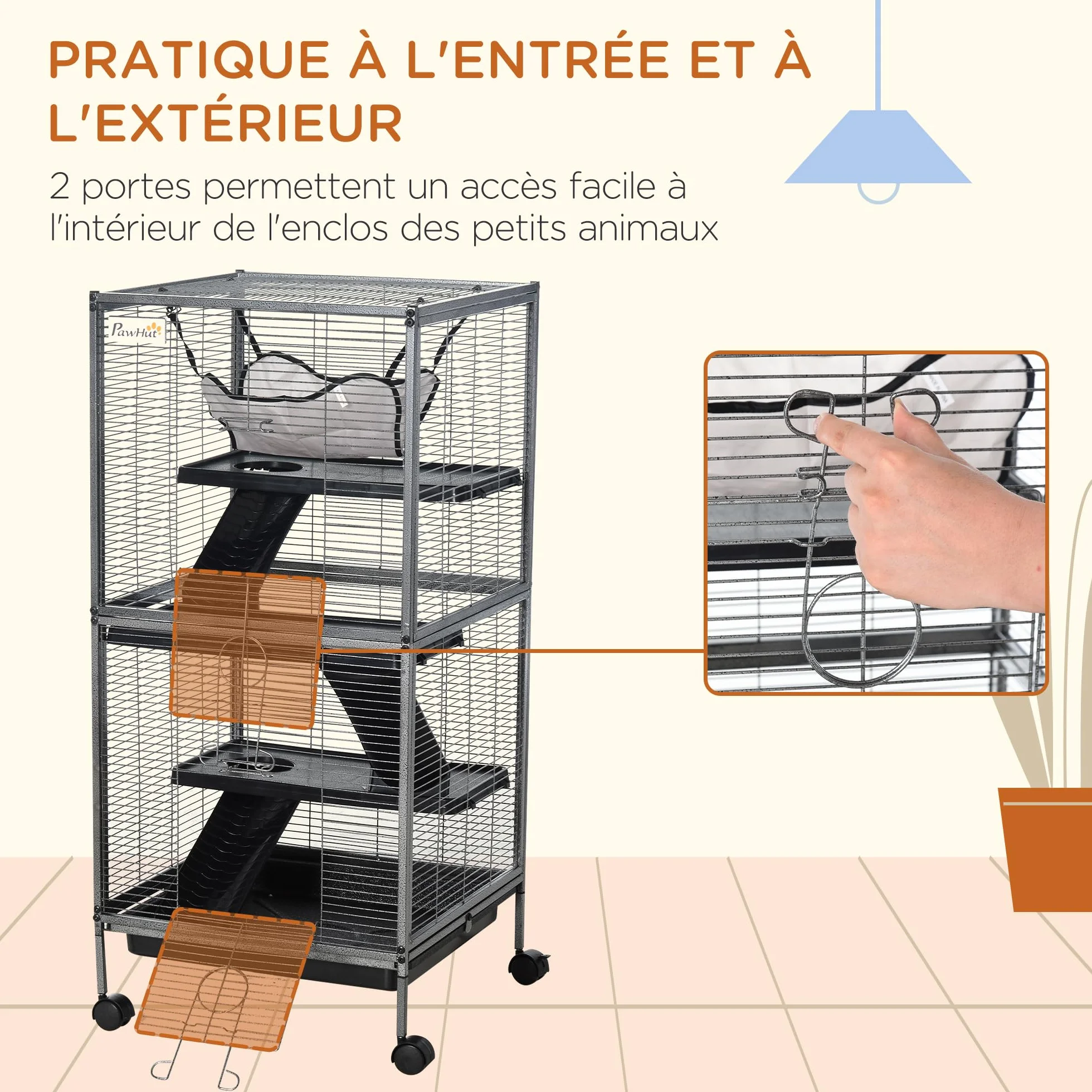 PawHut Cage pour Petits Animaux Portable 4 Niveaux Chinchilla Furet avec Roulettes 52 x 52 x 113,5 cm Gris