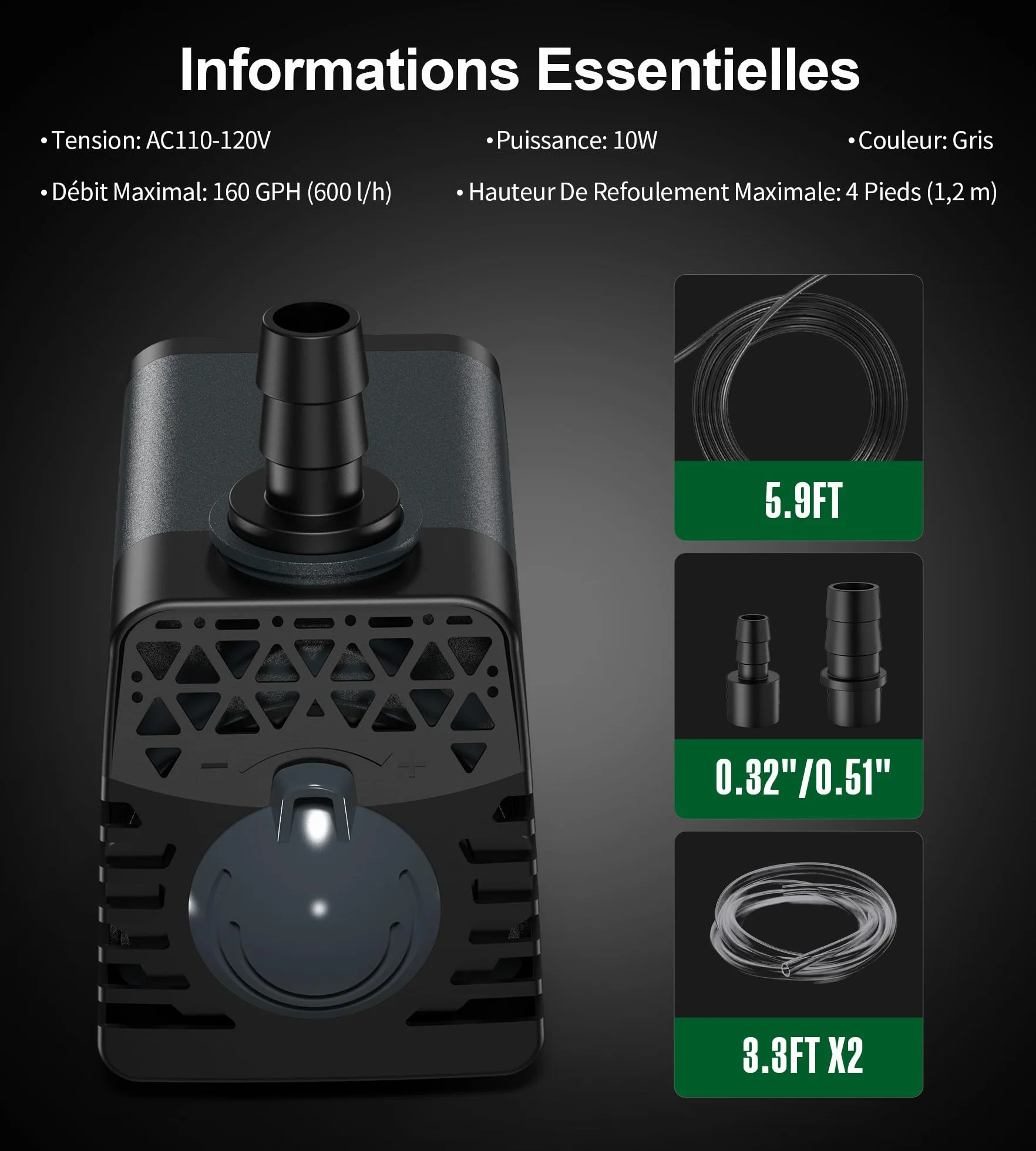 Ankway Pompe à Eau Submersible 10W 600 L/H Aquarium Ultra-Silencieux Ajustable Fontaine avec Câble 1,8 M 2 Buses
