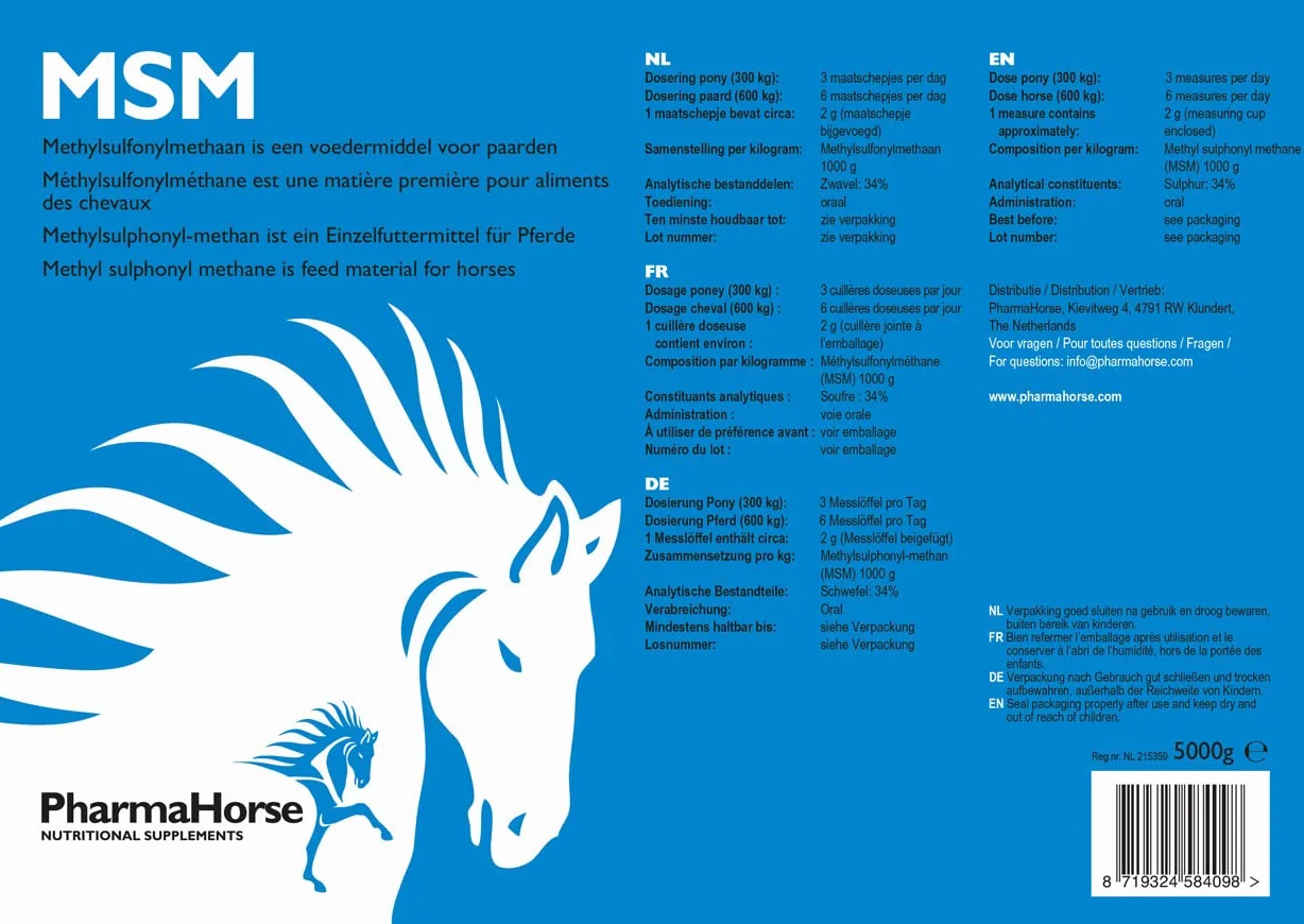 PharmaHorse MSM | Articulation Cheval | Soufre pour Cheval | sans Sucre ajouté | Sulfate de glucosamine 100% Pur | sans dopage | 5000 grammes