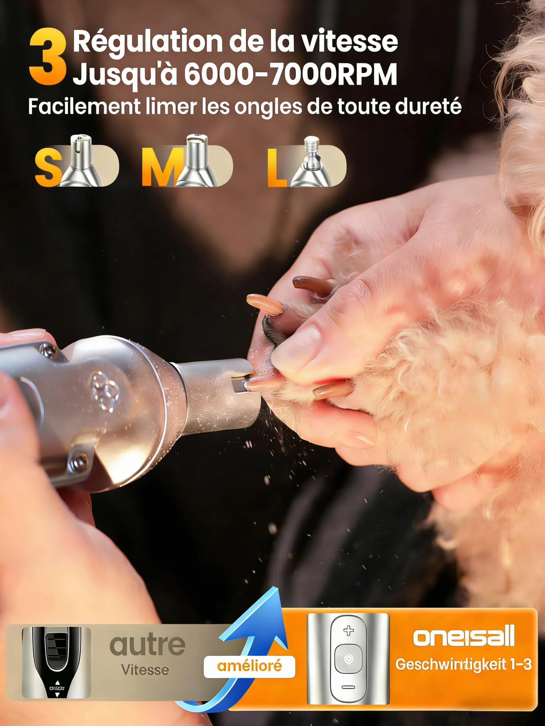 Oneisall 4-en-1 Tondeuse pour Chien Chat Professionnelle Sans Fil avec Affichage 2000mAh Argenté