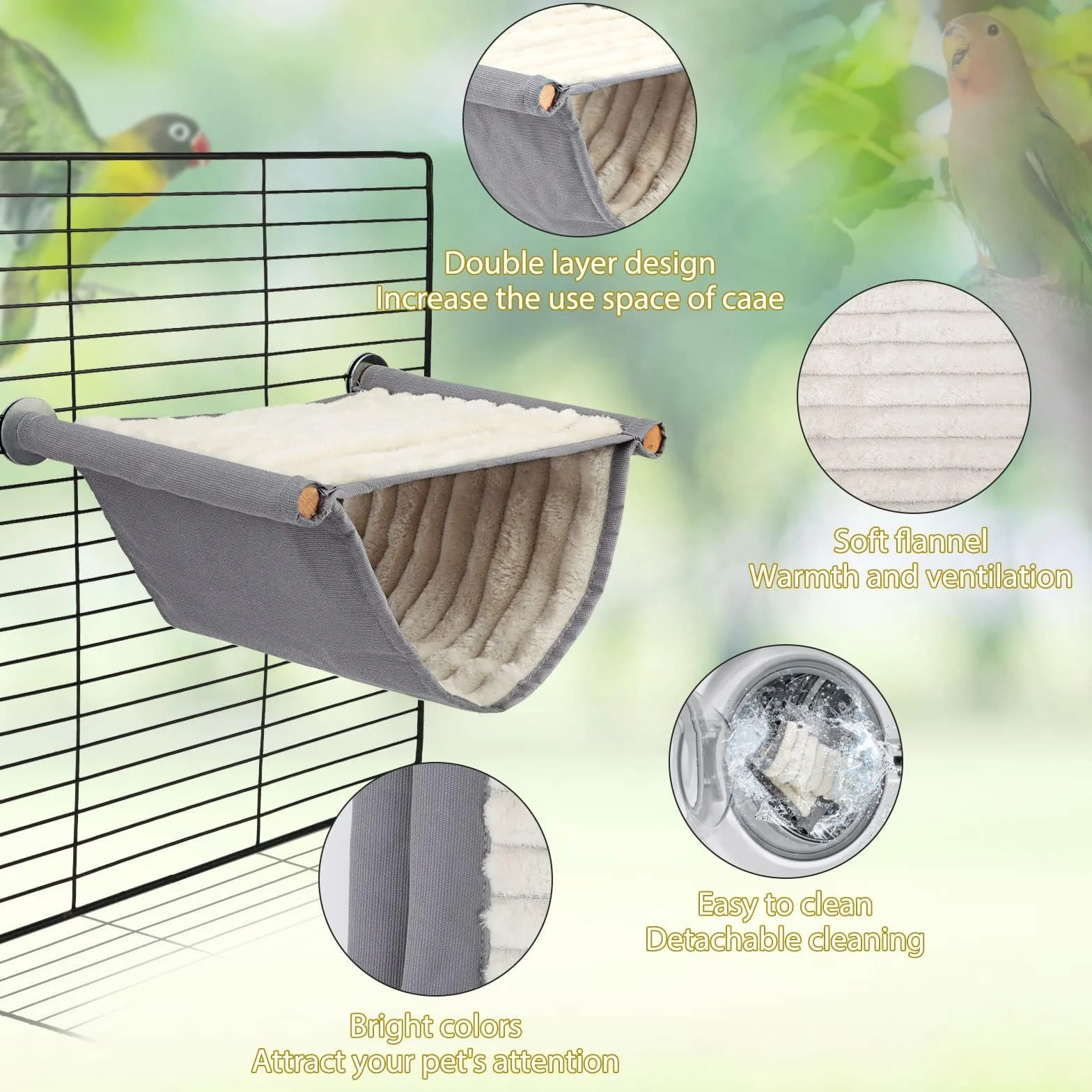 Hamac à Oiseaux lit Superposé Nid Cage Suspendu Peluche Douce Accessoires Perruche Calopsittes Pinsons Gris