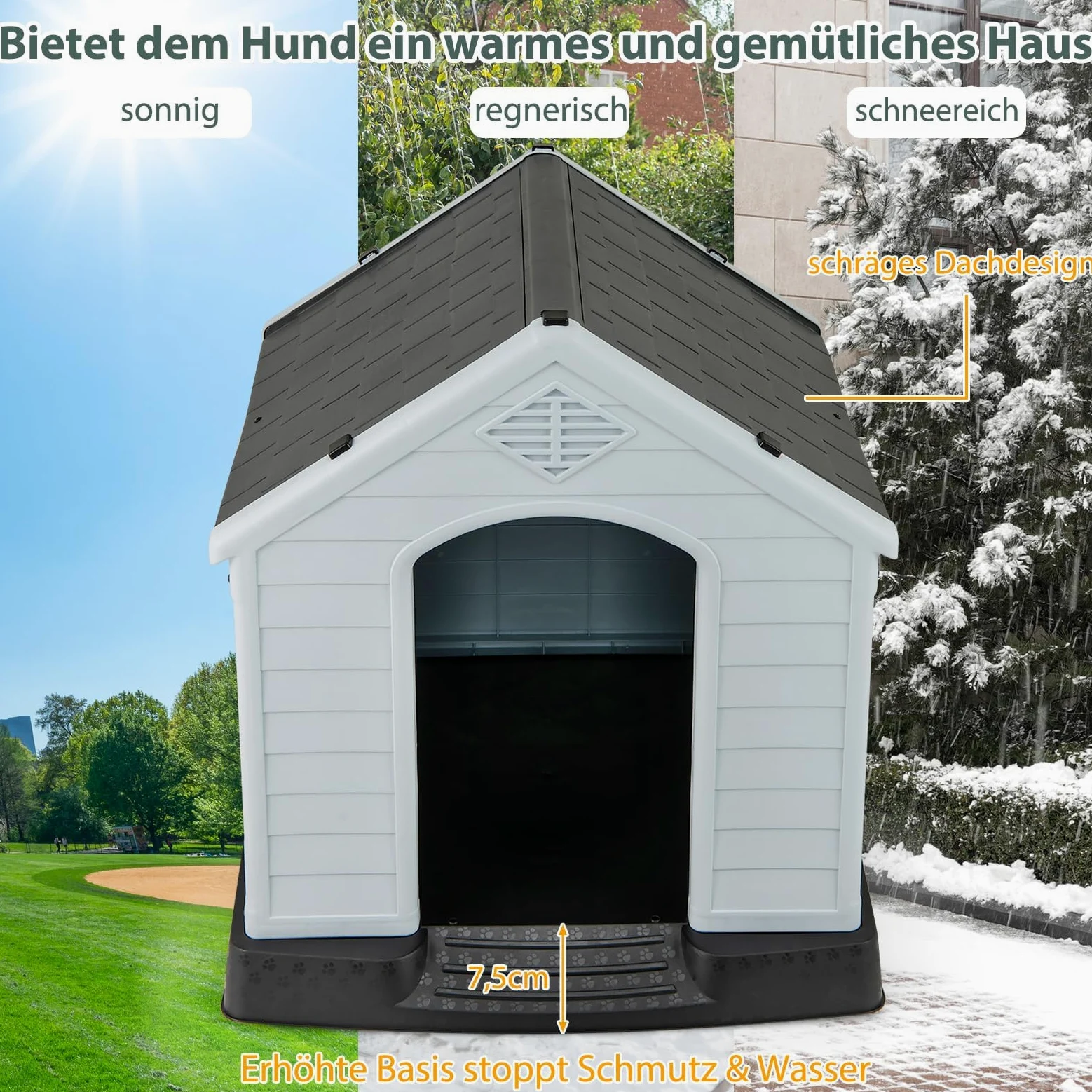 FANTASK Niche d'extérieur pour Chien, en Plastique, avec Sol surélevé et Toit imperméable, pour Jardin, intérieur et extérieur, 70 x 65 x 71,5 cm, Gris