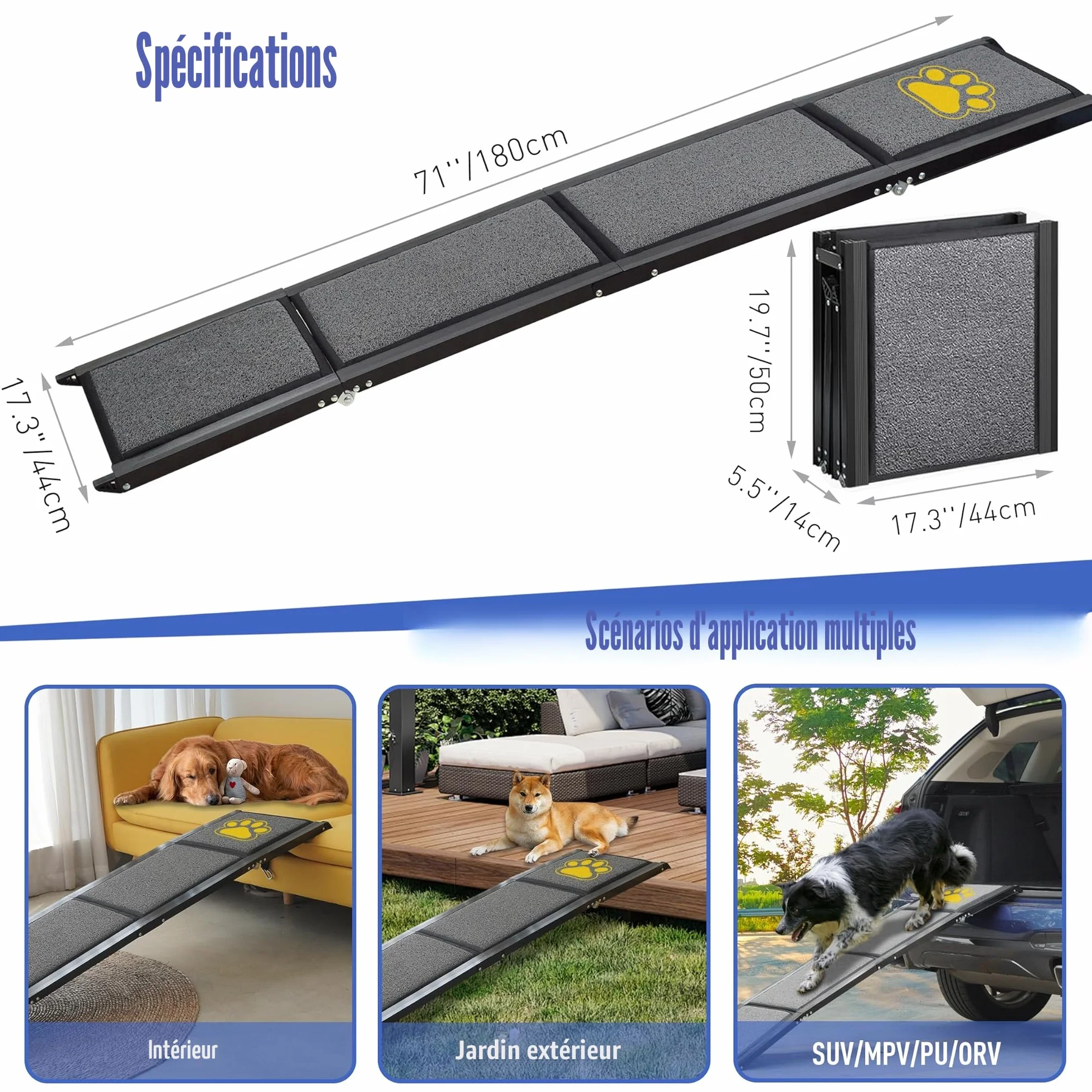 BACOENG Rampe pour Chien Pliable 180cm, Rampe Portable pour Grands Chiens avec Surface Antidérapante, Support 110kg pour Voiture Camion SUV