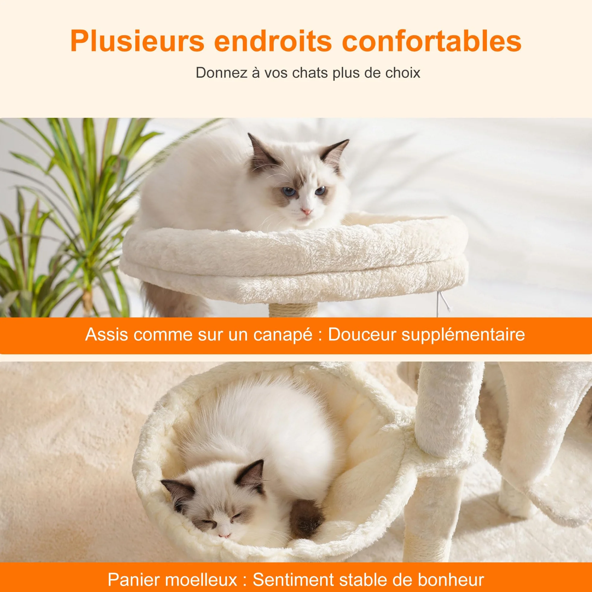 Heybly Arbre à Chat, Brosse de Nettoyage Automatique, Arbre à Chat Domestique Robuste avec Peluche Polie, Chaise Longue, Bac à Litière avec Panneaux et Griffoir, Beige HCT005SM