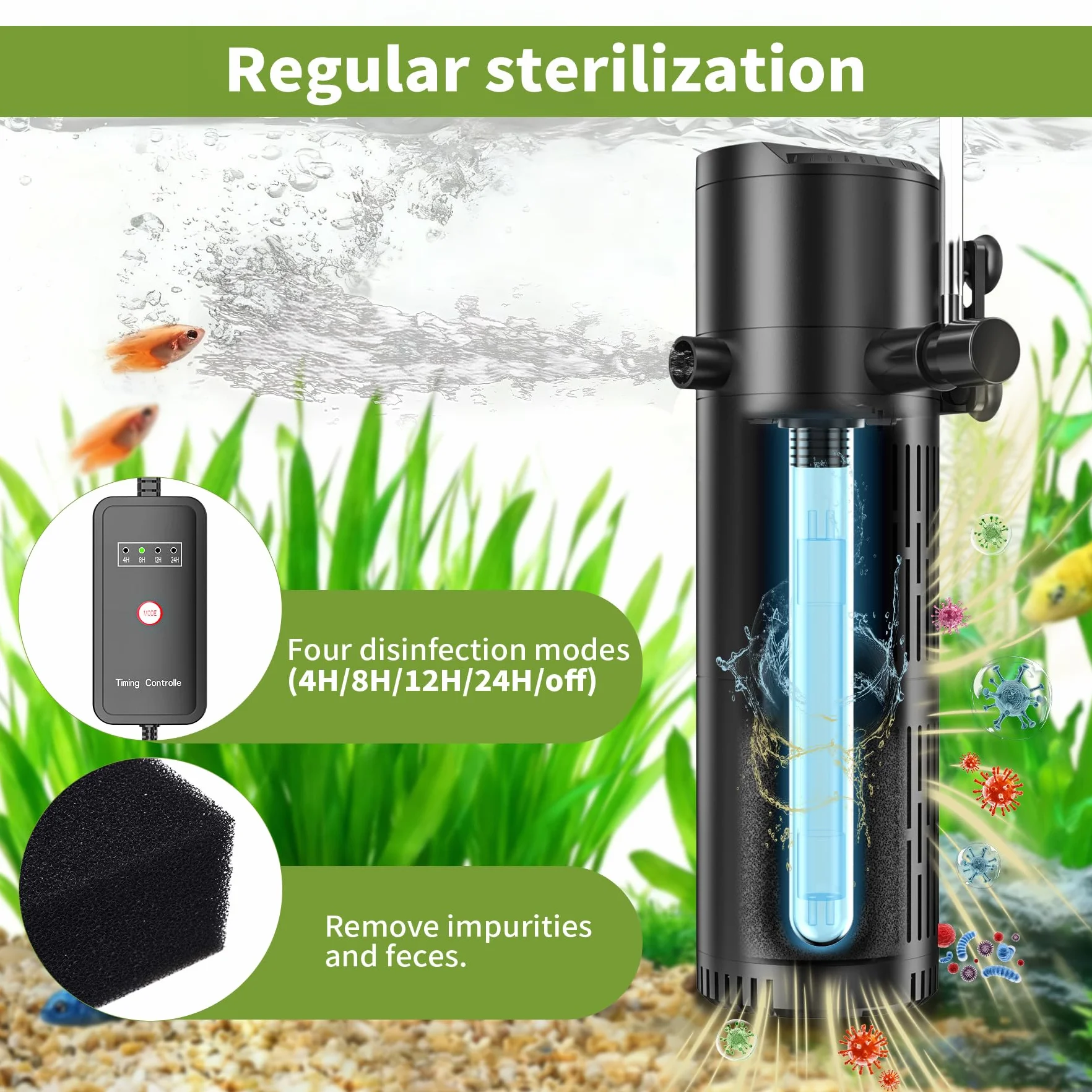 Forever Speed Filtre d’Aquarium Interne 5‑en‑1 avec Pompe UVC 6W 800L/H pour Aquariums 60-150L