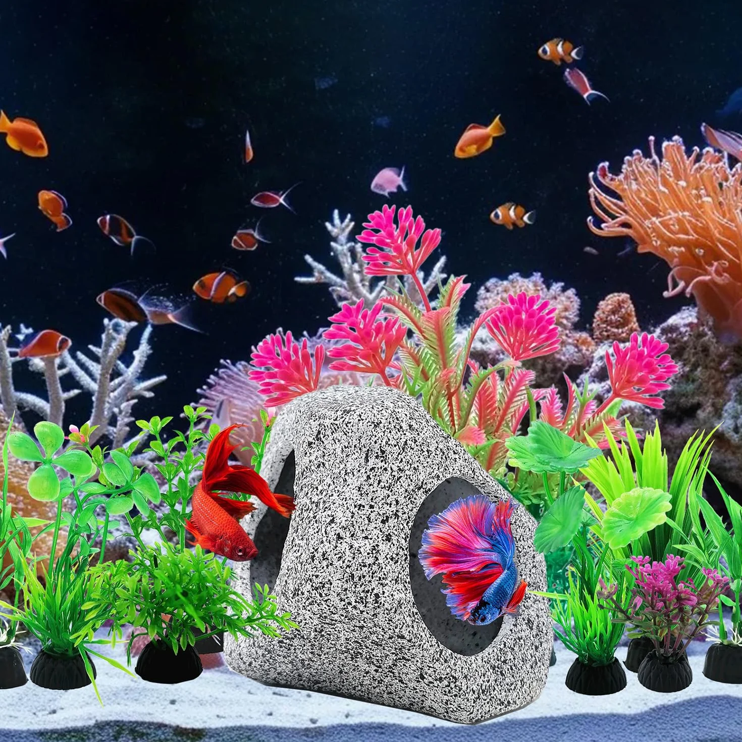 SLOCME Ensemble de 10 pièces de roches et de plantes pour aquarium - Décorations en plastique colorées et abris en céramique