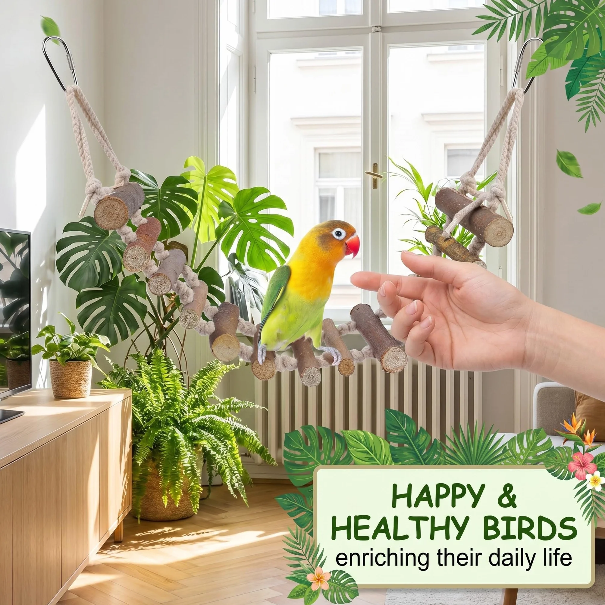 Échelle pour Perroquet en Bois Naturel 8cm Large, Pont Suspendu Oiseaux, Accessoire Cage Oiseaux Grimper Jouet