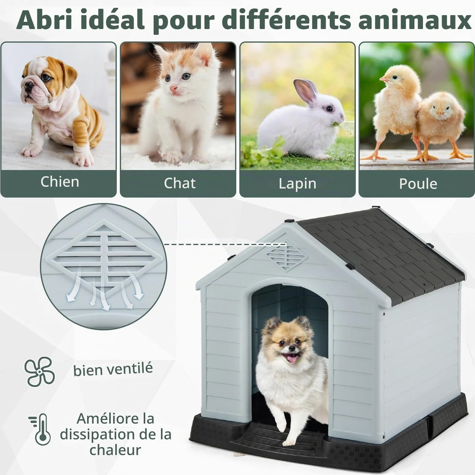 FANTASK Niche d'extérieur pour Chien, en Plastique, avec Sol surélevé et Toit imperméable, pour Jardin, intérieur et extérieur, 70 x 65 x 71,5 cm, Gris