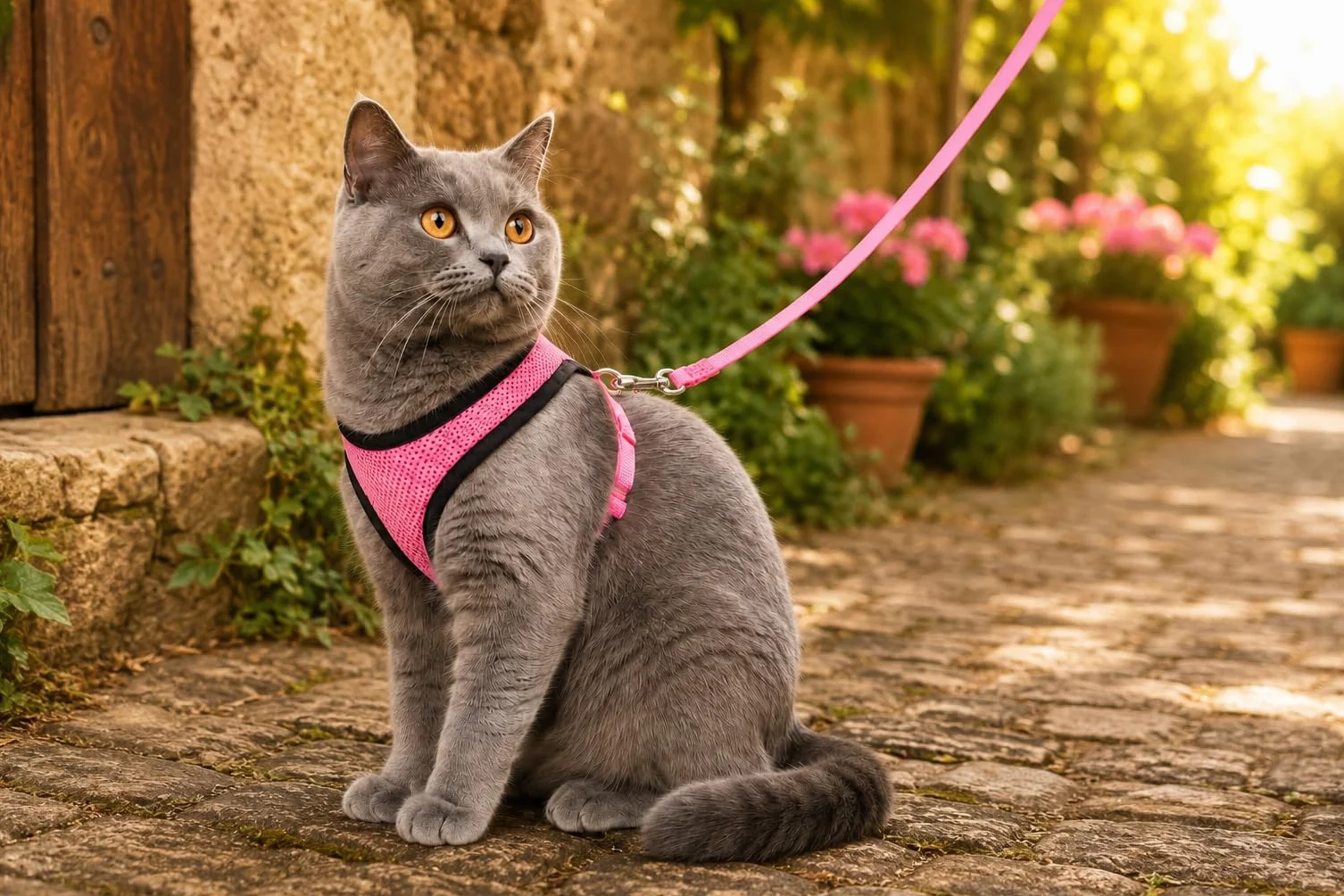 Harnais pour Chat Harms Rose avec Laisse 28cm 32-41cm 110cm Mesh Respirant Réglable