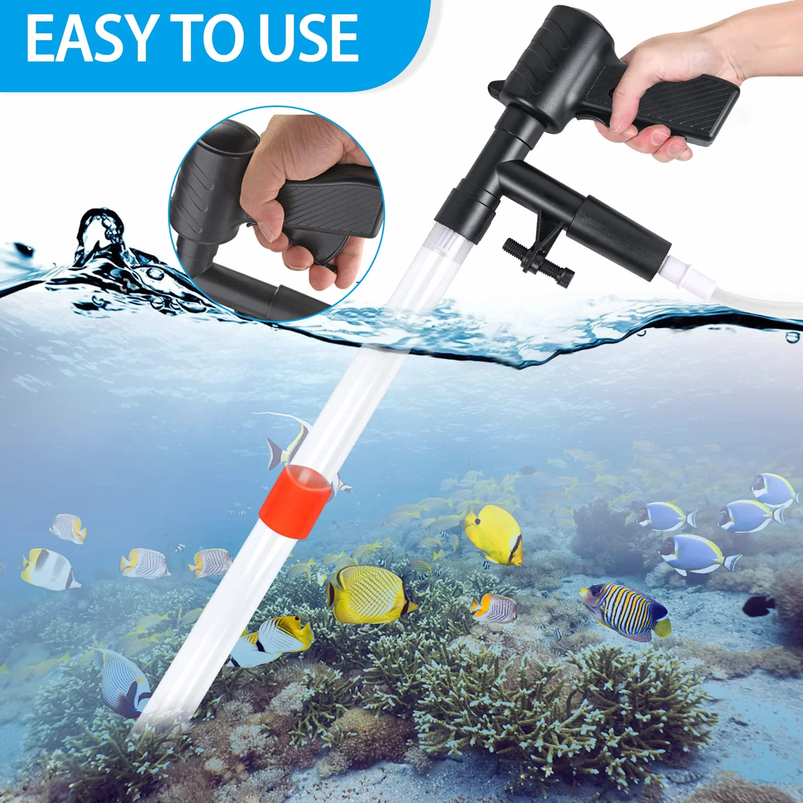 Aspirateur de Boues d'Aquarium, 5 in 1 Kit de Nettoyage de Gravier d'Aquarium, Nettoyeur de Gravier Changement d'eau Filtre Rapide Aquarium Changeur l'eau avec Bouton Pression d'air Grattoir en Verre