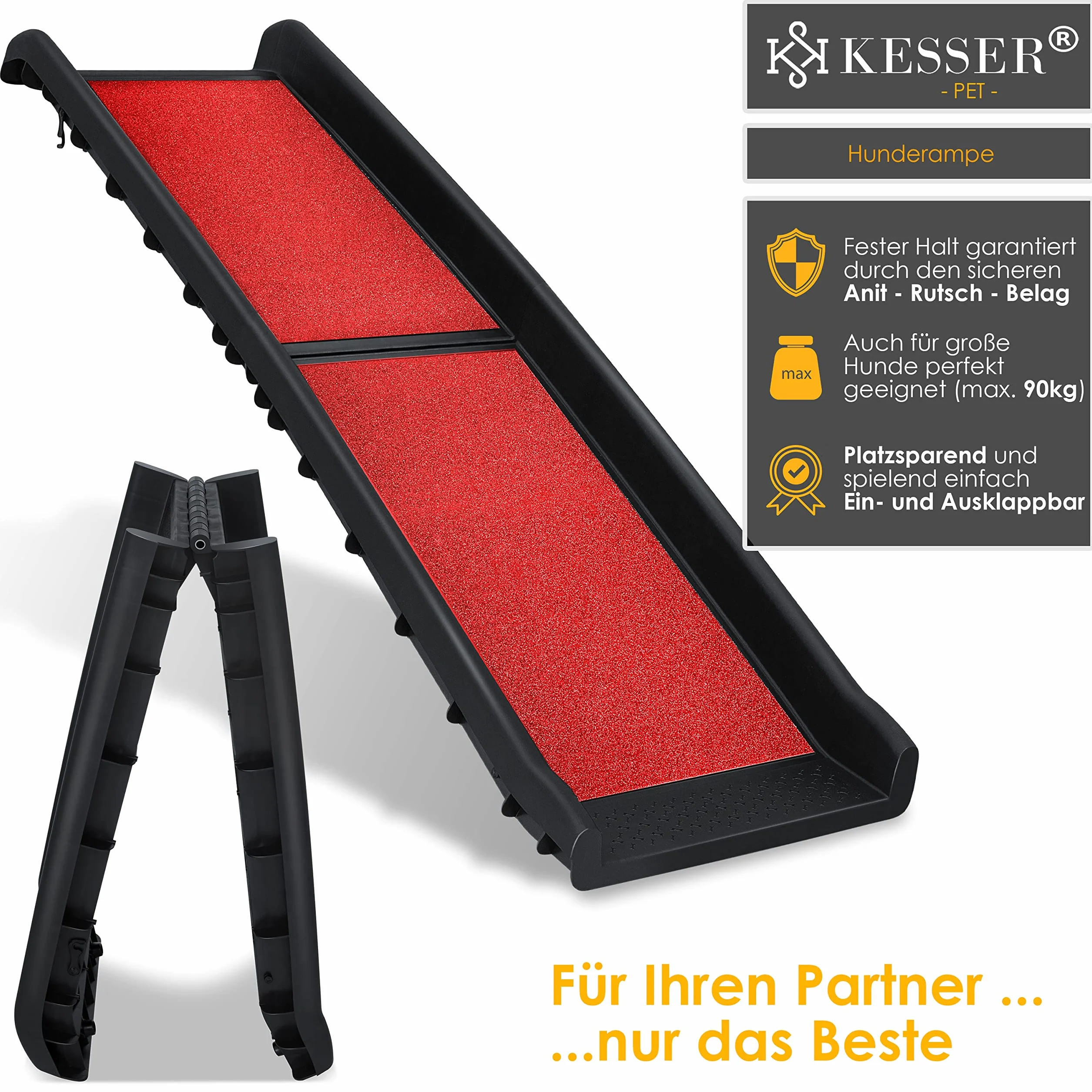 KESSER® Rampe de coffre pliable pour chien - Rampe de coffre pour animaux de compagnie - Jusqu'à 90 kg - 156 x 40 cm - Légèrement stable et antidérapante - Rouge