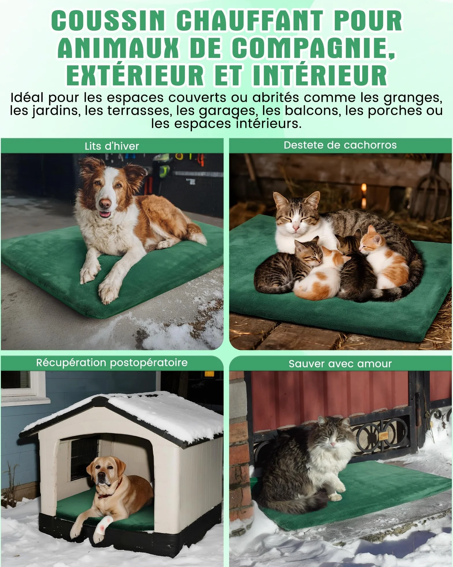 petnf Coussin Chauffant d‘Extérieur pour Chien et Chat - Température Auto-Régulée, Étanche, Câble Anti-Morsure - pour Niche, Maison de Chat et Panier, Vert, 40x50 cm