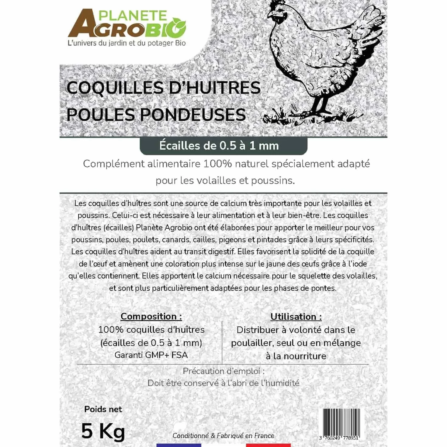 Coquilles d'Huîtres pour Poules Pondeuses broyage Fin 0,5-1 mm 5 Kg