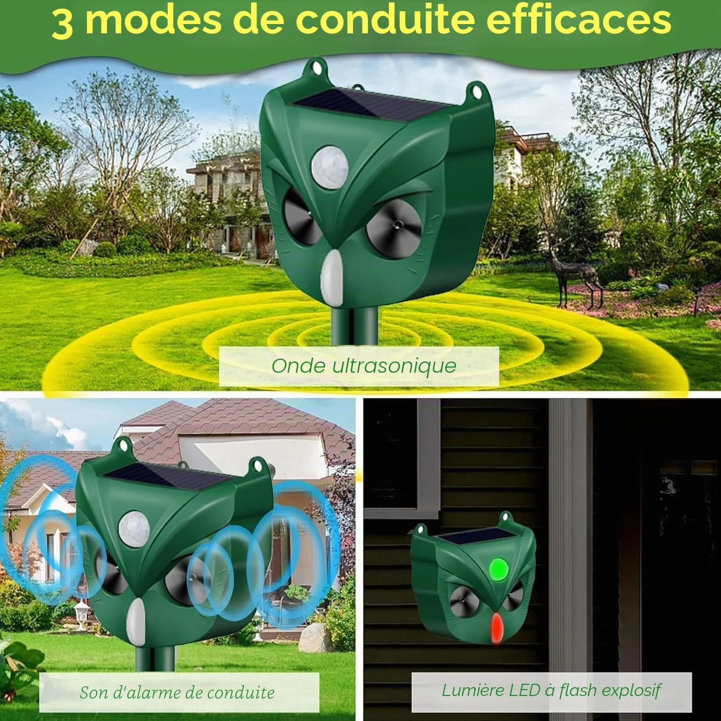 Répulsif à ultrasons pour chat, 5 modes, solaire et rechargeable, dissuasif pour cerf, chien, lapin, mouffette, oiseau pour jardin extérieur (RC546)