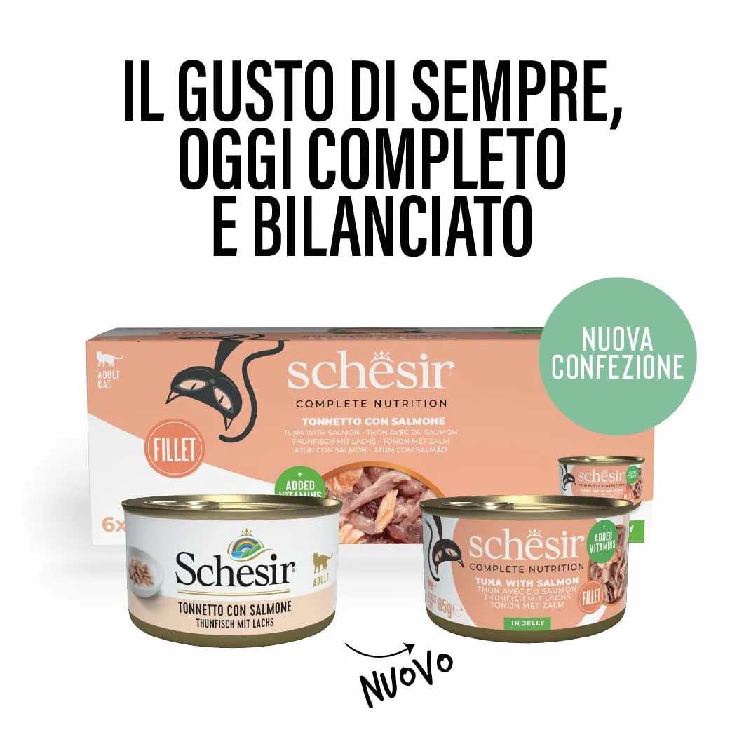 Schesir, Thon avec Saumon en gelée, Nourriture Humide complète pour Chats, en Conserve, avec des vitamines supplémentaires, 100% Naturel, 6 x 85 g