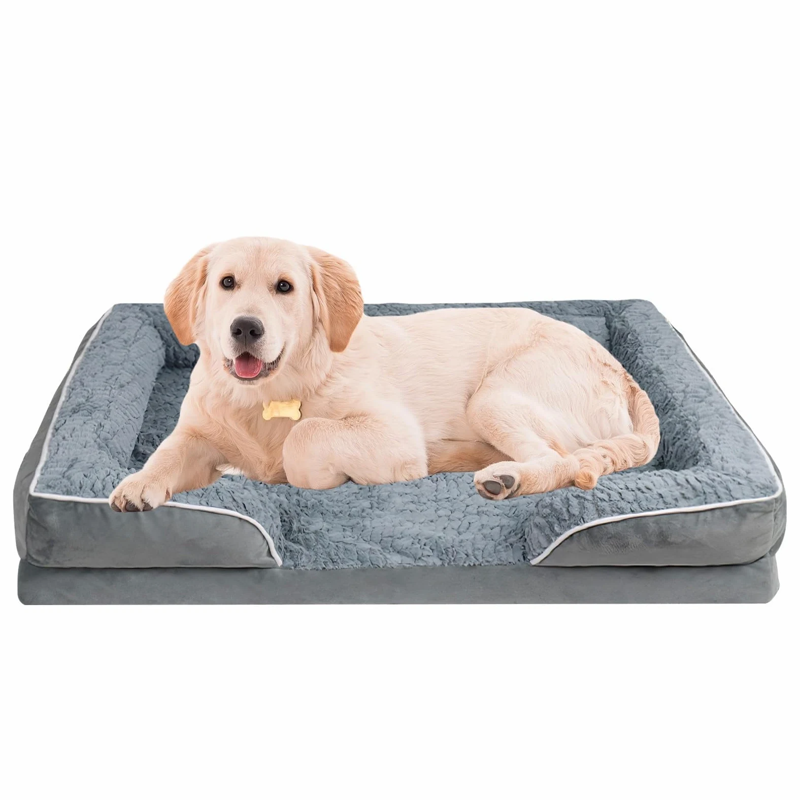 Lit Orthopédique Chien, Mousse mémoire, 107x76 cm, Lavable | Canapé chien avec rebord surélevé, doublure imperméable & antidérapant – coussin peluche moelleux pour grands chiens
