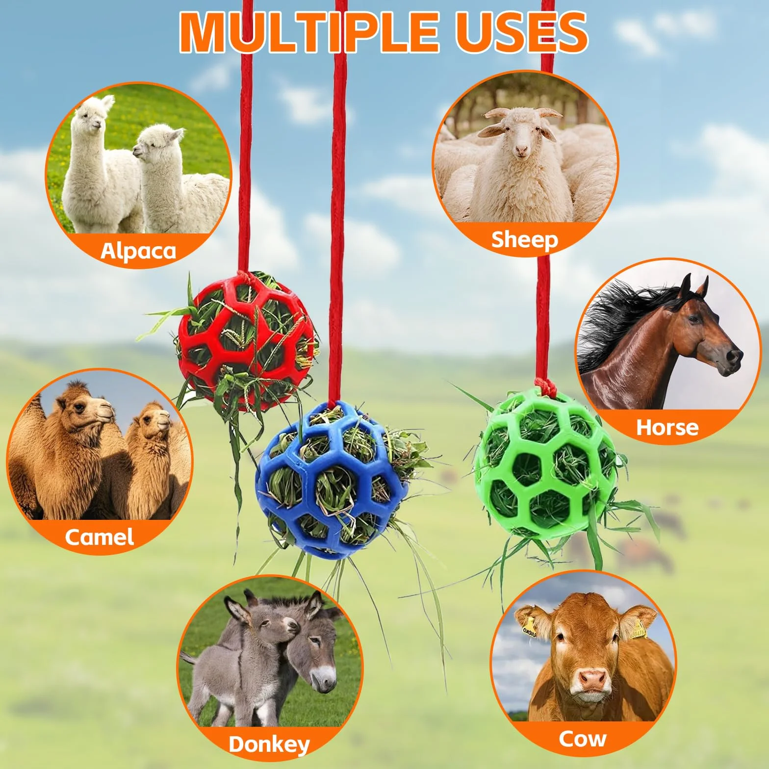 Balles à Foin pour Chevaux, Jouet d'Alimentation Lent Corde Suspendue, Mangeoire Foin Cheval, pour Bovins et Ovins