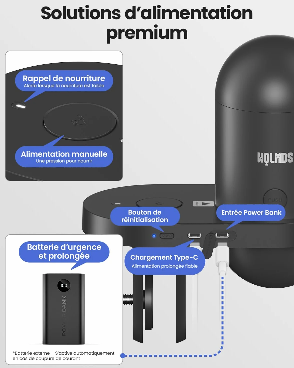 Mangeoire pour Poissons Automatique WOLMDS avec Caméra 2.5K et WiFi/App, 230ml Étanche, Gris Foncé