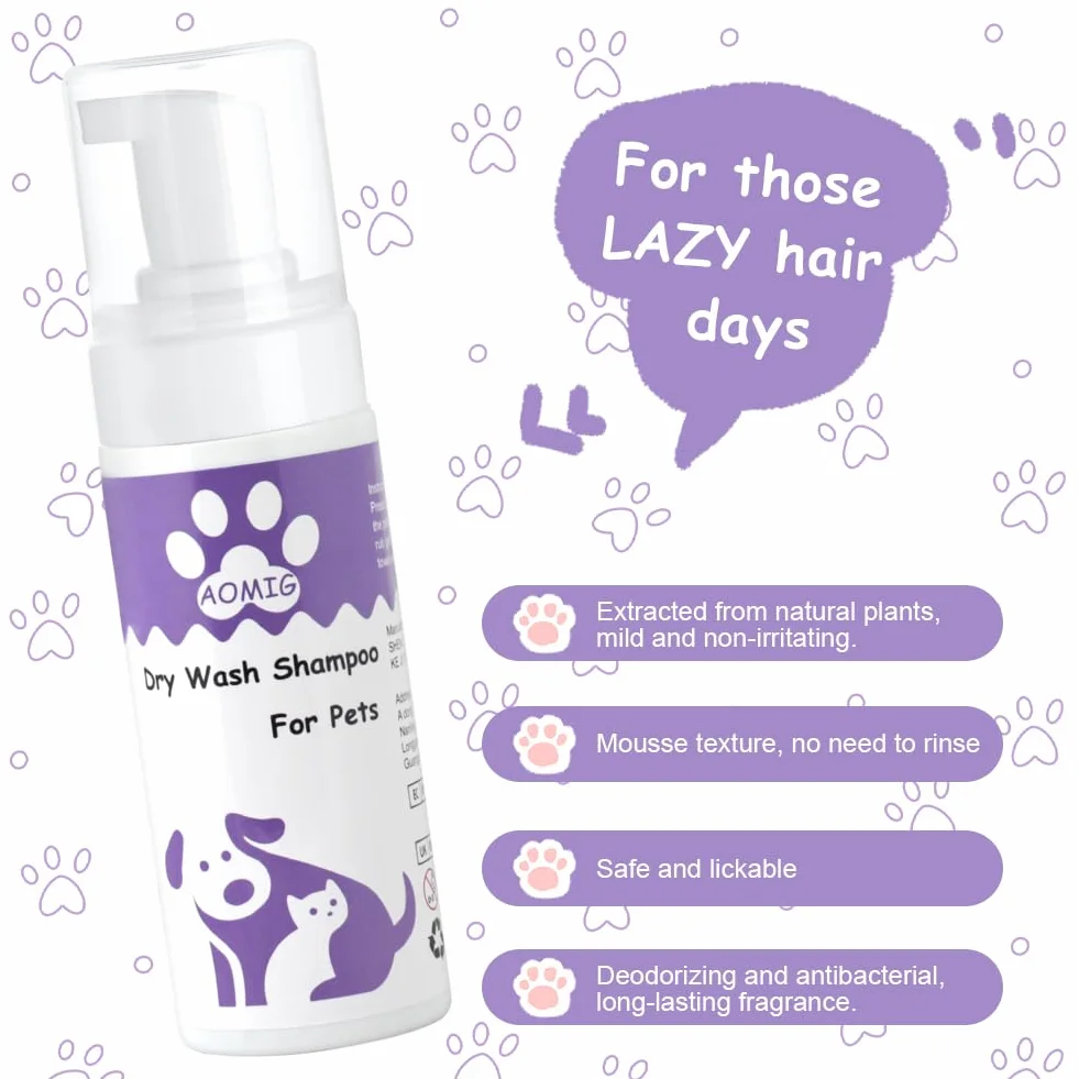 Aomig Shampoing Sec Chat Chien 150ml sans Rinçage Nettoyage Profondeur Poil Brillant Naturel