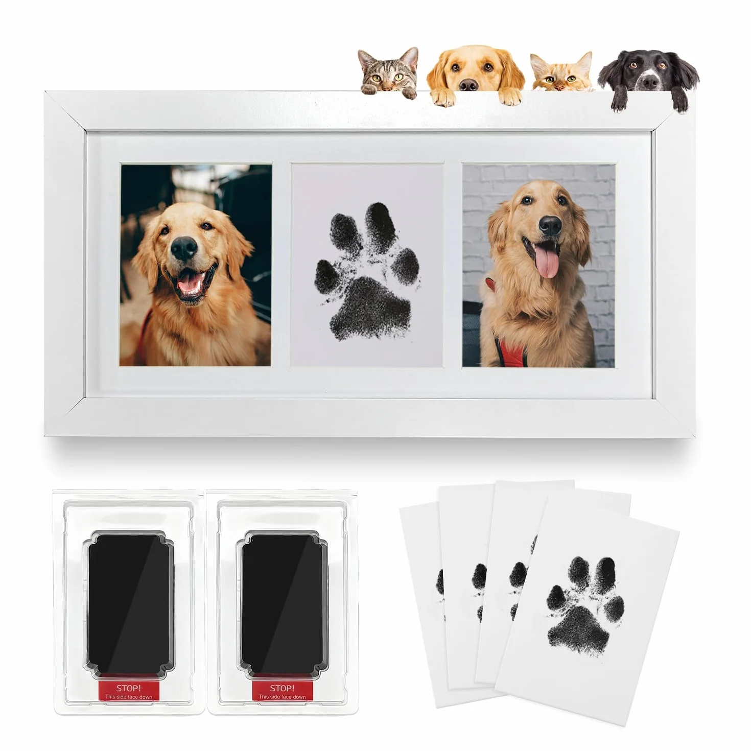 Kit Empreinte Chien Chat avec Cadre Photo en Bois, Kit d'Impression Bébé 0-6 Mois, Blanc
