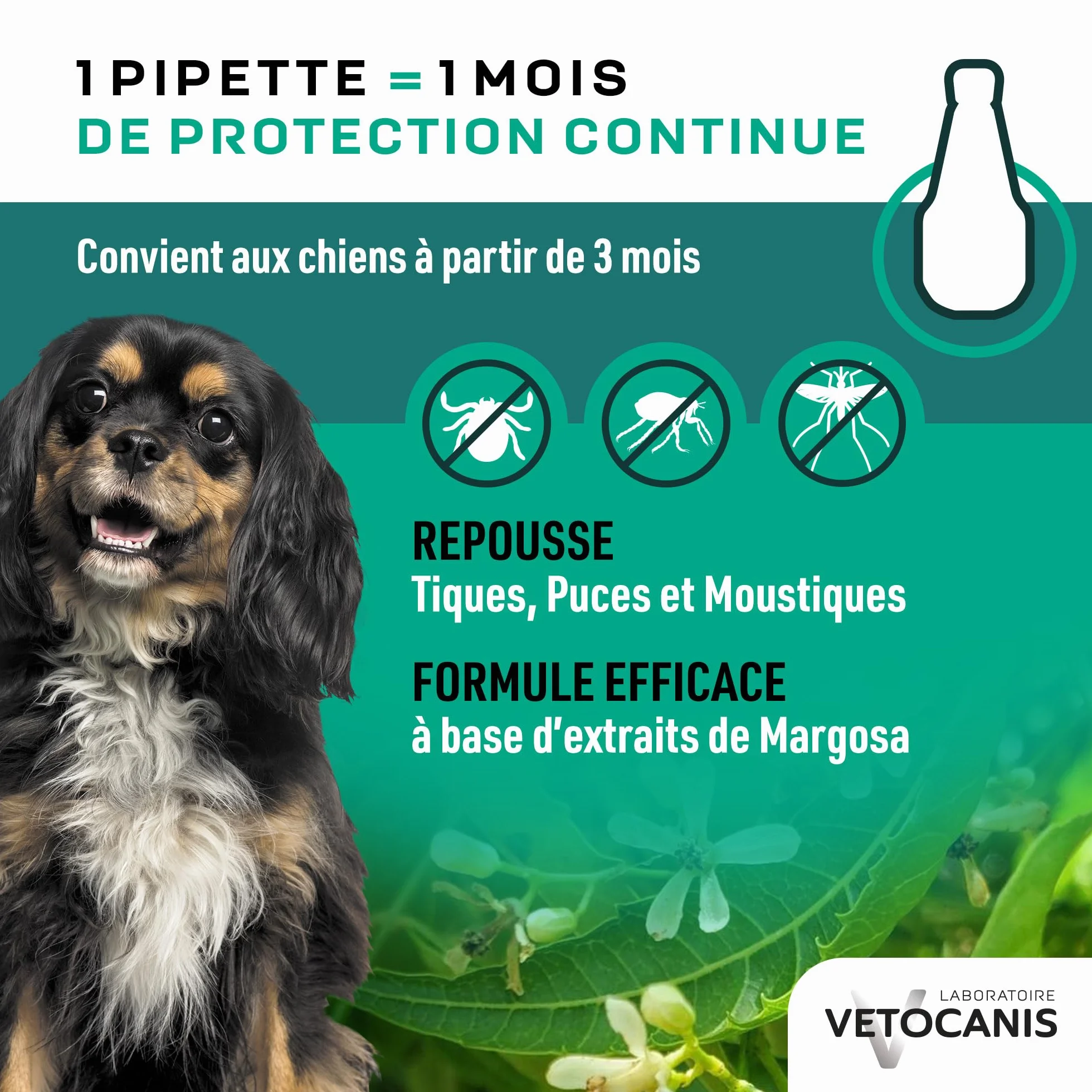 Vetocanis, Pipettes Anti Puces Chien, 2x1 Mois sans Tiques, Puces, Moustiques, Antiparasitaire Chien 2 à 10 kg, A base de Margosa, Répulsif Protection Immédiate, 2 Pipettes de 2 mL