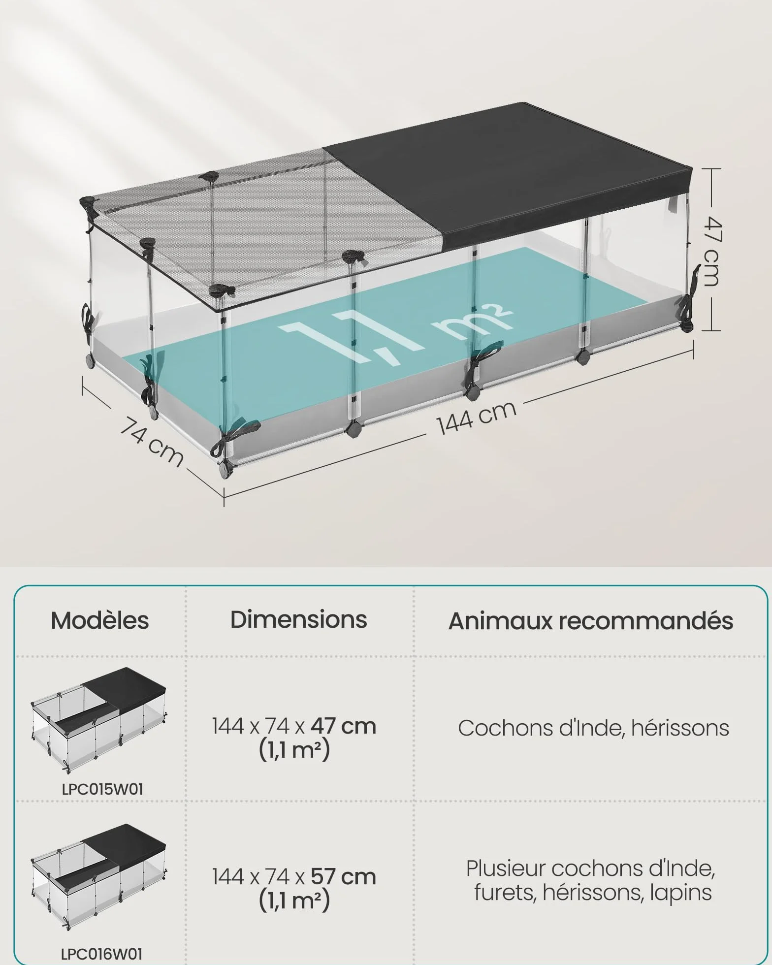 SONGMICS Enclos pour Petits Animaux 144x74x47 cm Blanc Nuage LPC015W01