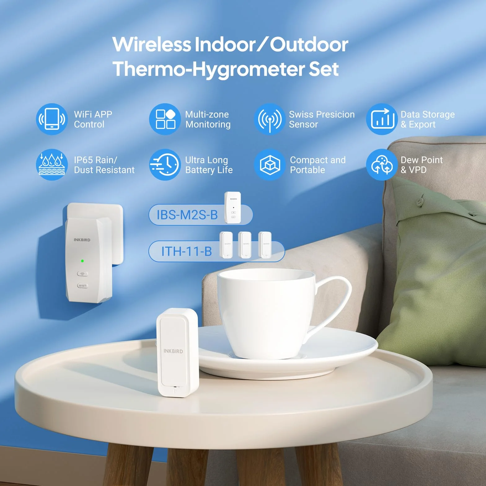 INKBIRD ITH-11-B Thermomètre Hygromètre Bluetooth et IBS-M2S-B Passerelle WiFi Combinaison, Enregistreur Temperature Humidite Interieur Exterieur, Surveillance à Distance APP, Stockage de Données