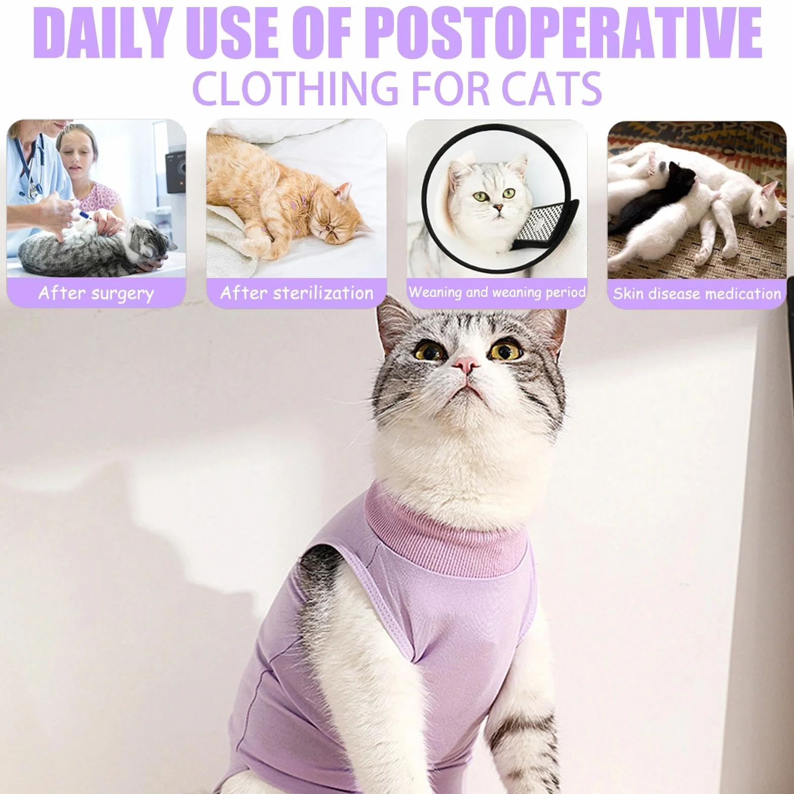 Gilet de Récupération pour Chat Post-Opératoire Anti-Léchage, Combinaison de Stérilisation Violet + Bleu (M)