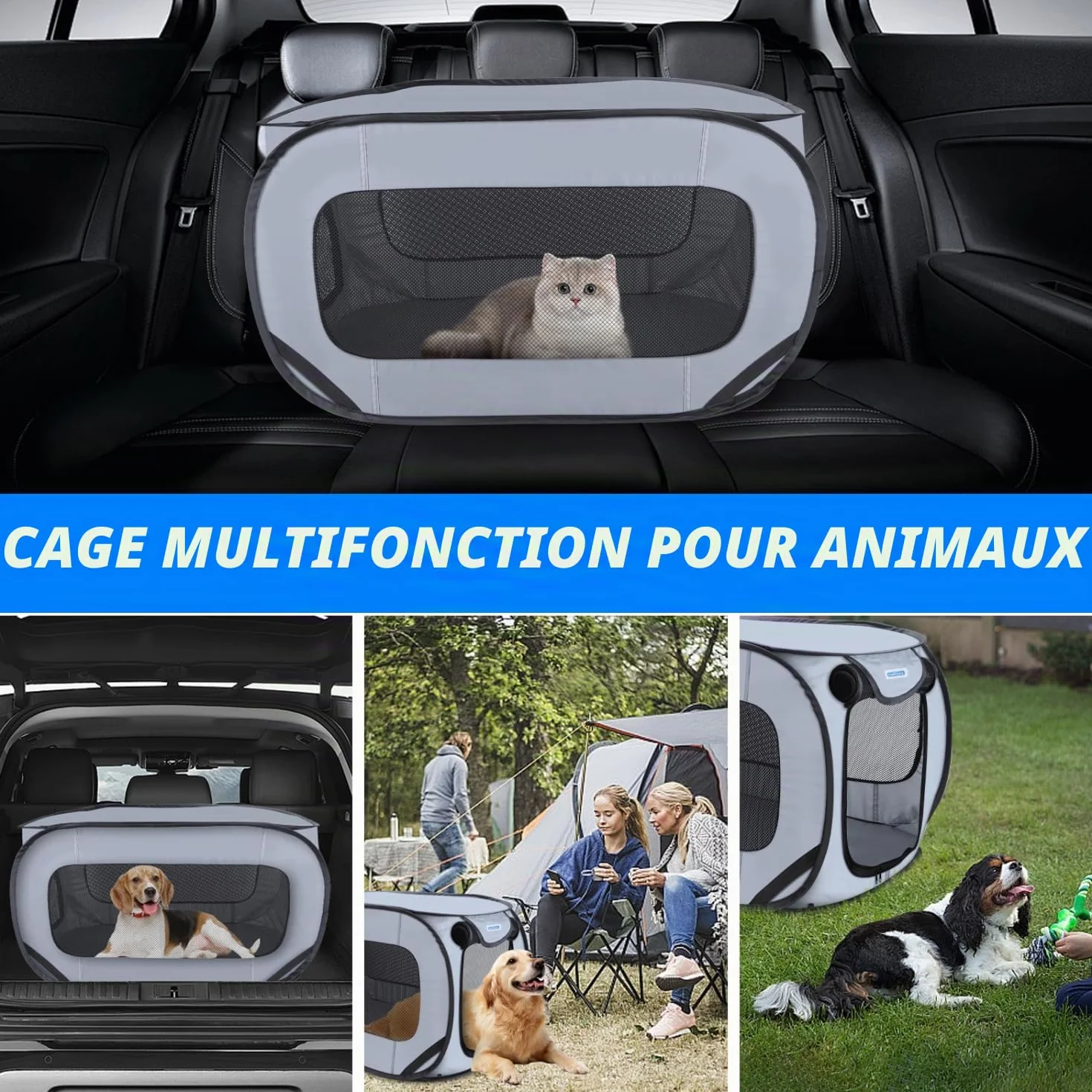 Nobleza Cage Portative pour Chien Chat Voiture, Parc Pliable Chien, Clôture Animaux Tissu Oxford Imperméable, 93x54x54 cm