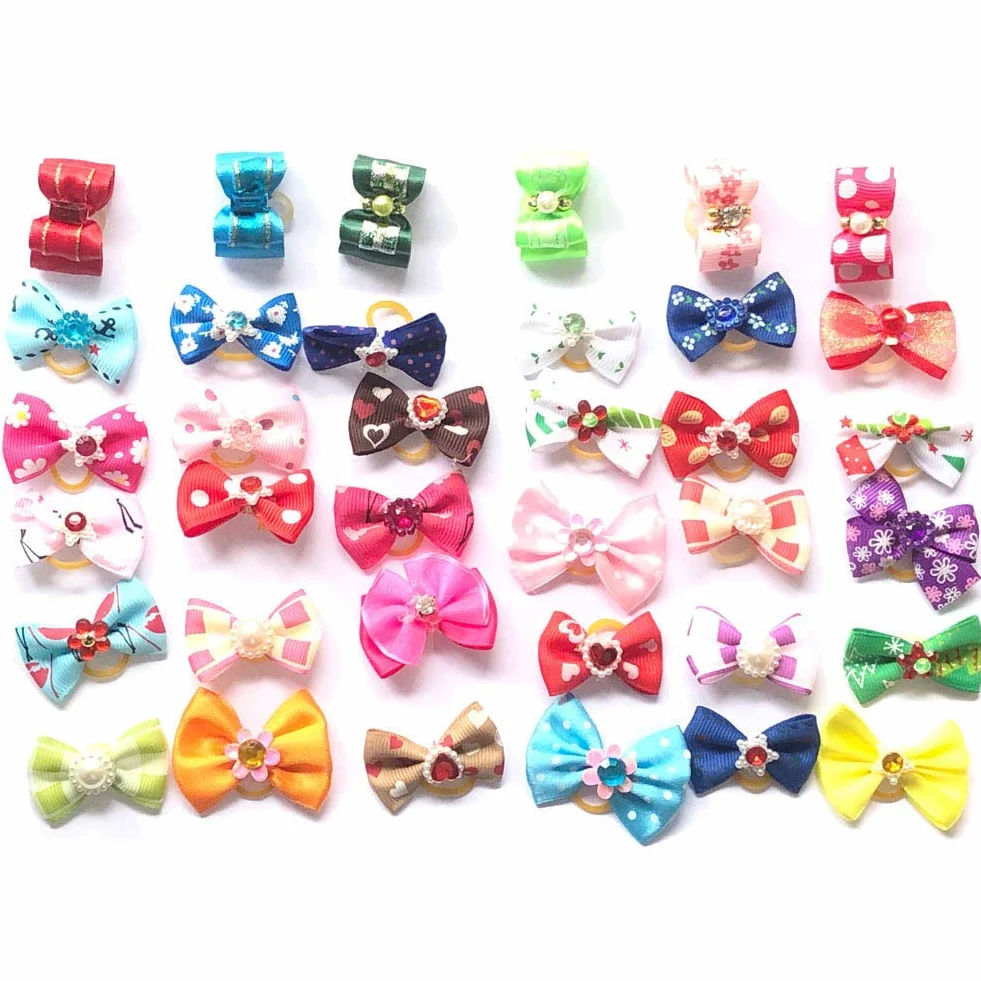 Lot de 50 nœuds en poils d'animaux avec bande en caoutchouc pour petits chiens Yorkshire, couleurs assorties
