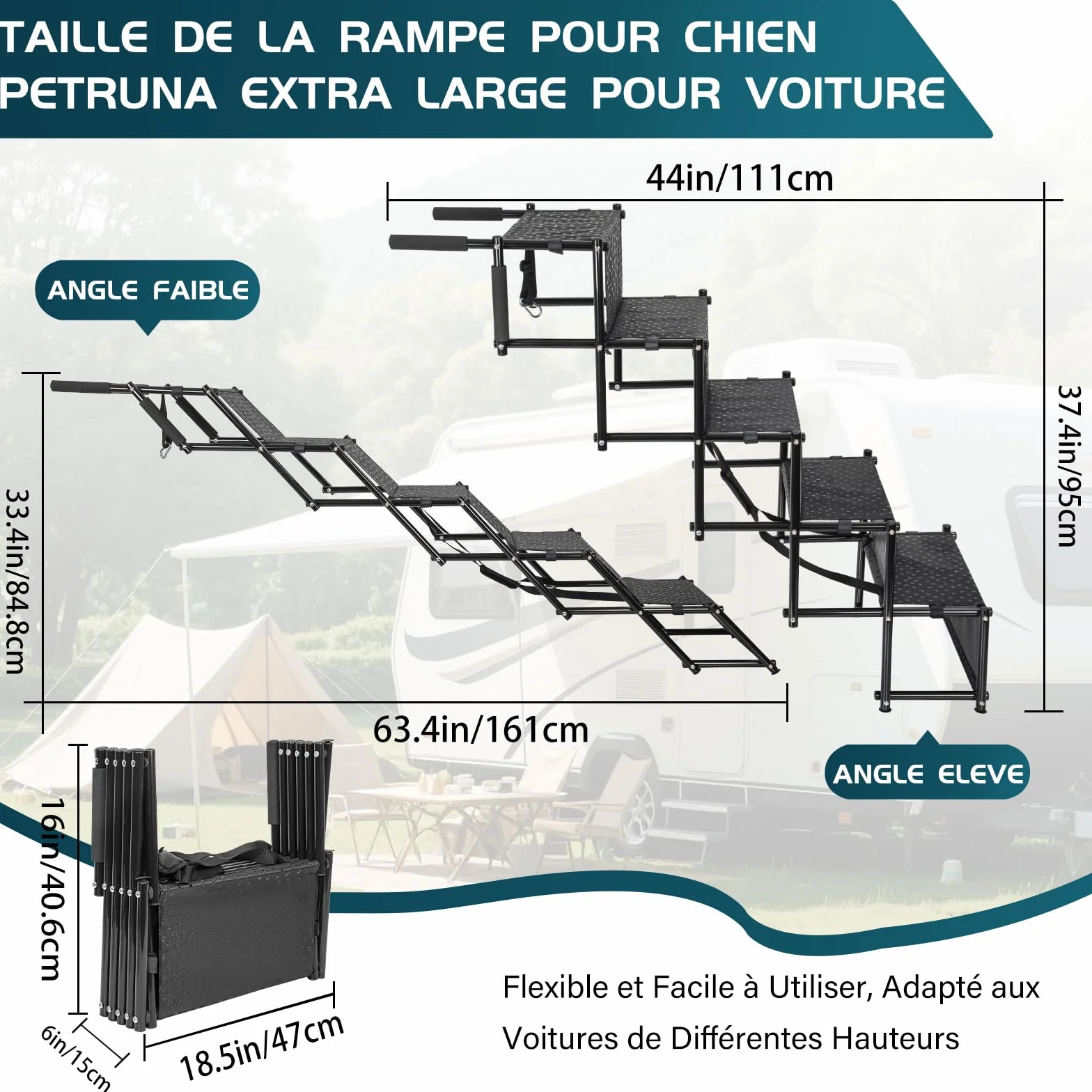 OUUTMEE Escalier pour Chien à 5 marches, Rampe Pliable avec Surface antidérapante, escalier pour Chiens Petits et Grands jusqu'à 80 kg, pour Voitures et SUV