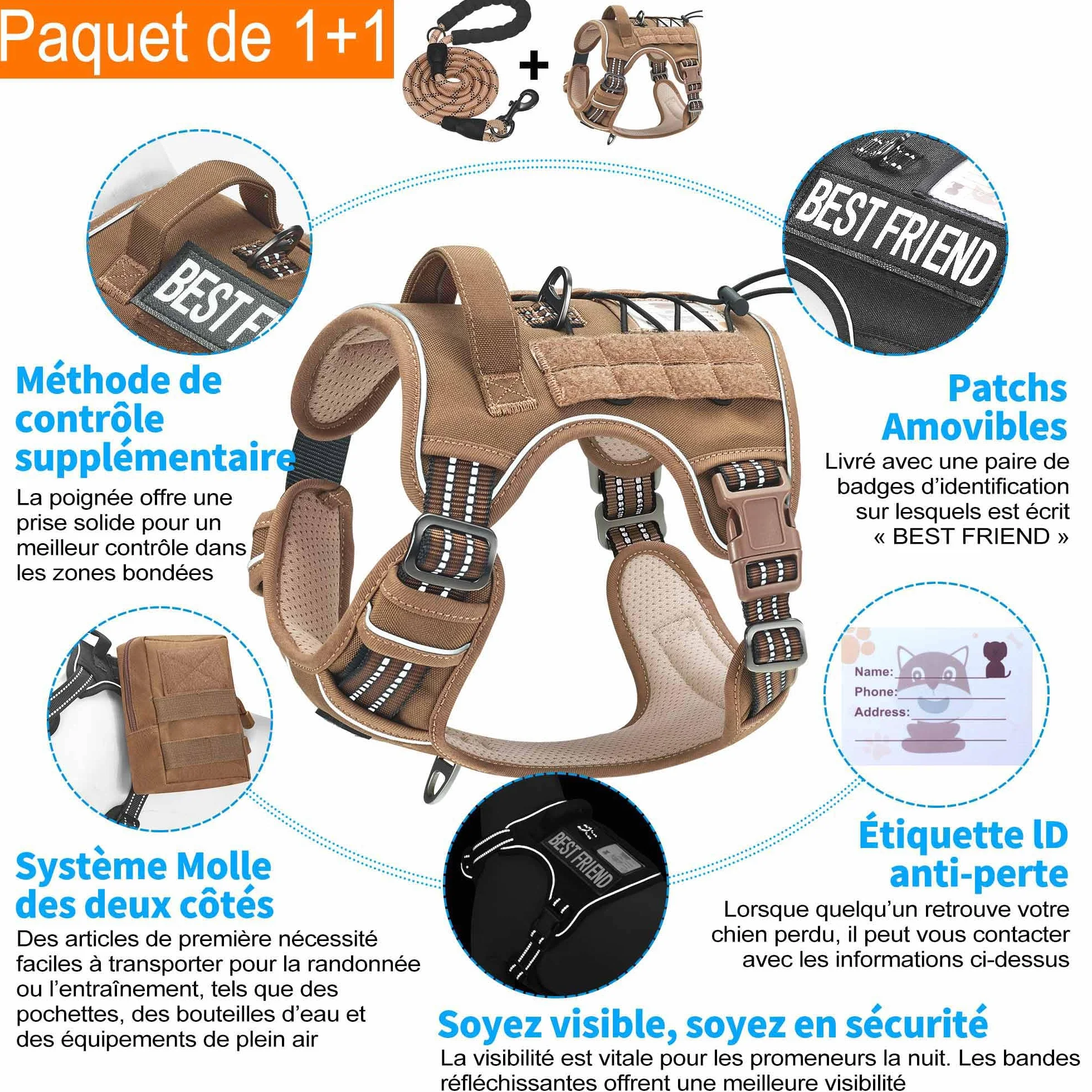 Haapaw Harnais tactique robuste pour chiens grande taille anti-traction réglable réfléchissant contrôle facile militaire travail XL marron
