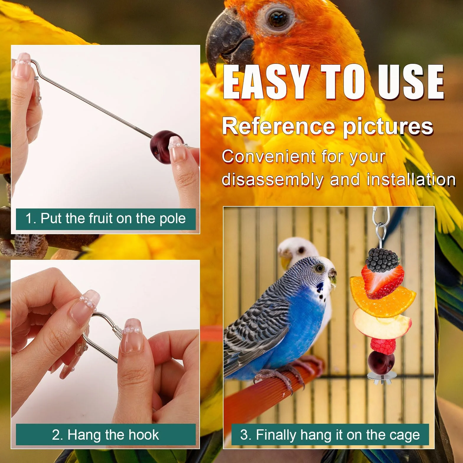 Mangeoire à Fruits pour Oiseaux, Acier Inoxydable Brochette avec Crochet, Jouets de Recherche de Nourriture pour Perruche Ara Perroquet