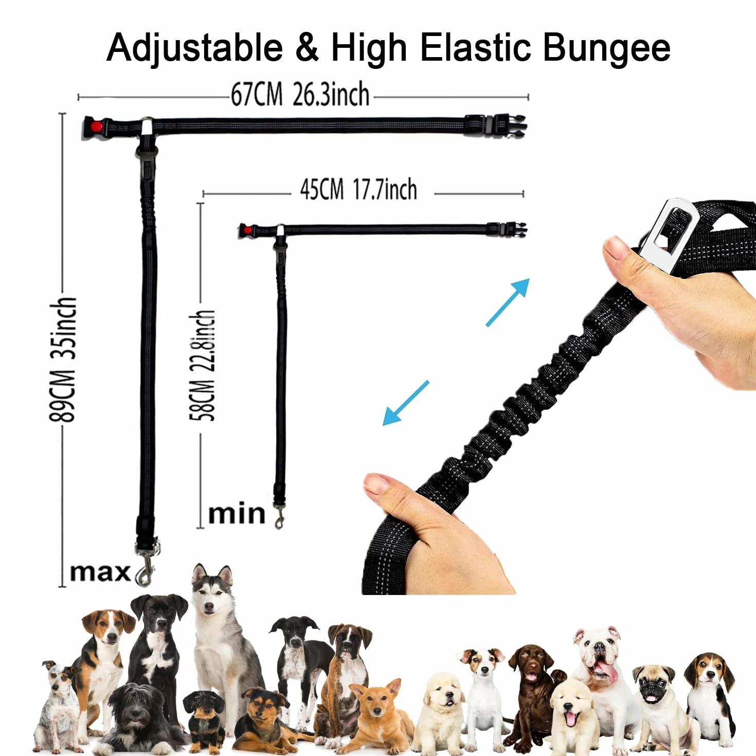 Lot de 2 ceintures de sécurité pour chien - Harnais de sécurité élastique réglable pour voiture - Laisse rembourrée élastique anti-chocs (noir)