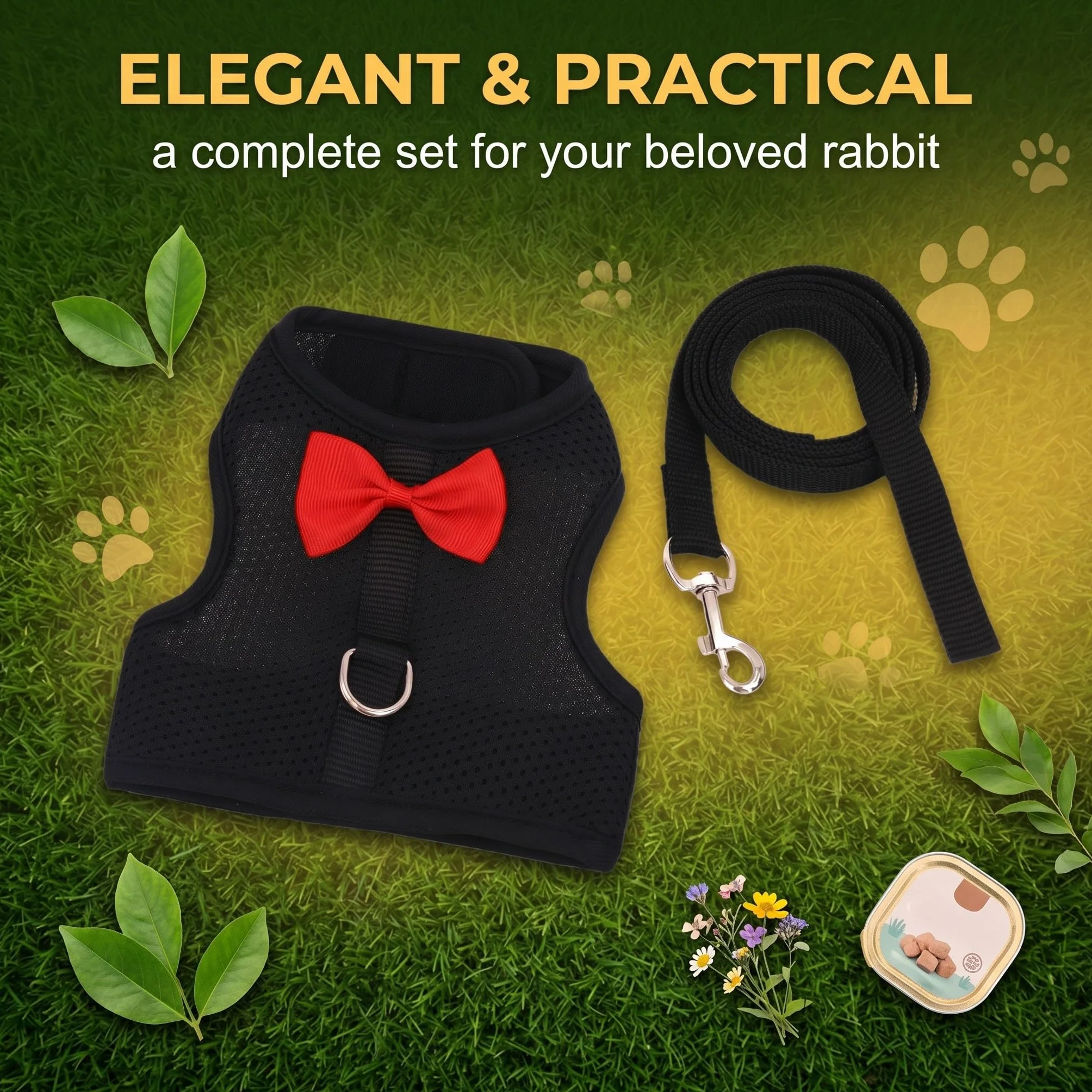 Harnais Lapin avec Laisse Réglable Respirant, Grande Taille L pour Lapin Nain Furet, Noir