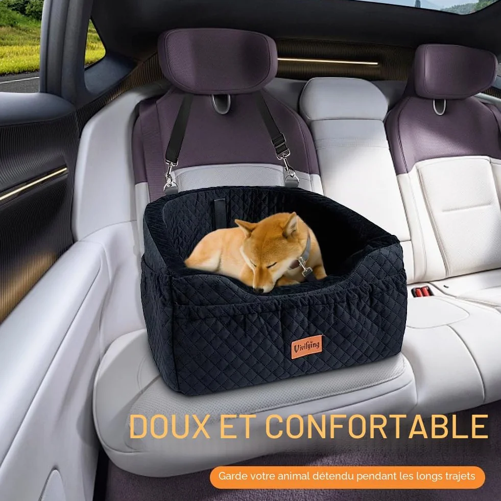 Siège Auto pour Petit Chien Rehausseur Amovible Lavable jusqu'à 11,3 kg Lit de Voyage avec Rangement Ceinture de Sécurité Noir