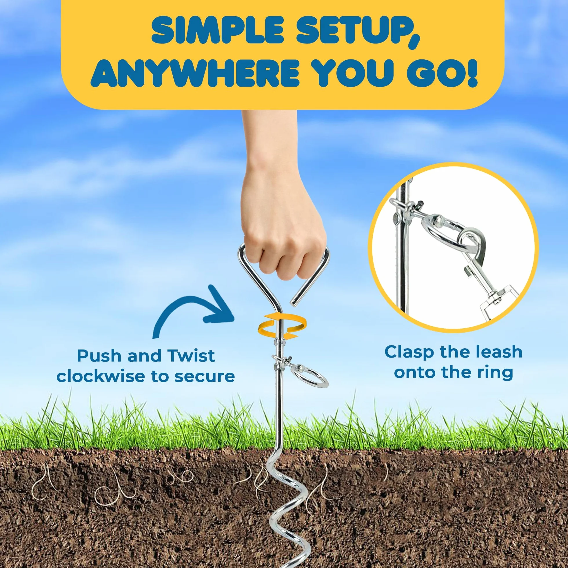 SunGrow Galvanisé Tie Out Leash Stake Anneau Rotatif à 360 degrés, 16,4 x 3,2 Pouces, Conception de Foret en Spirale, Facile à Utiliser et Pratique pour Sortir, Convient aux Chiens jusqu'à 80 Livres