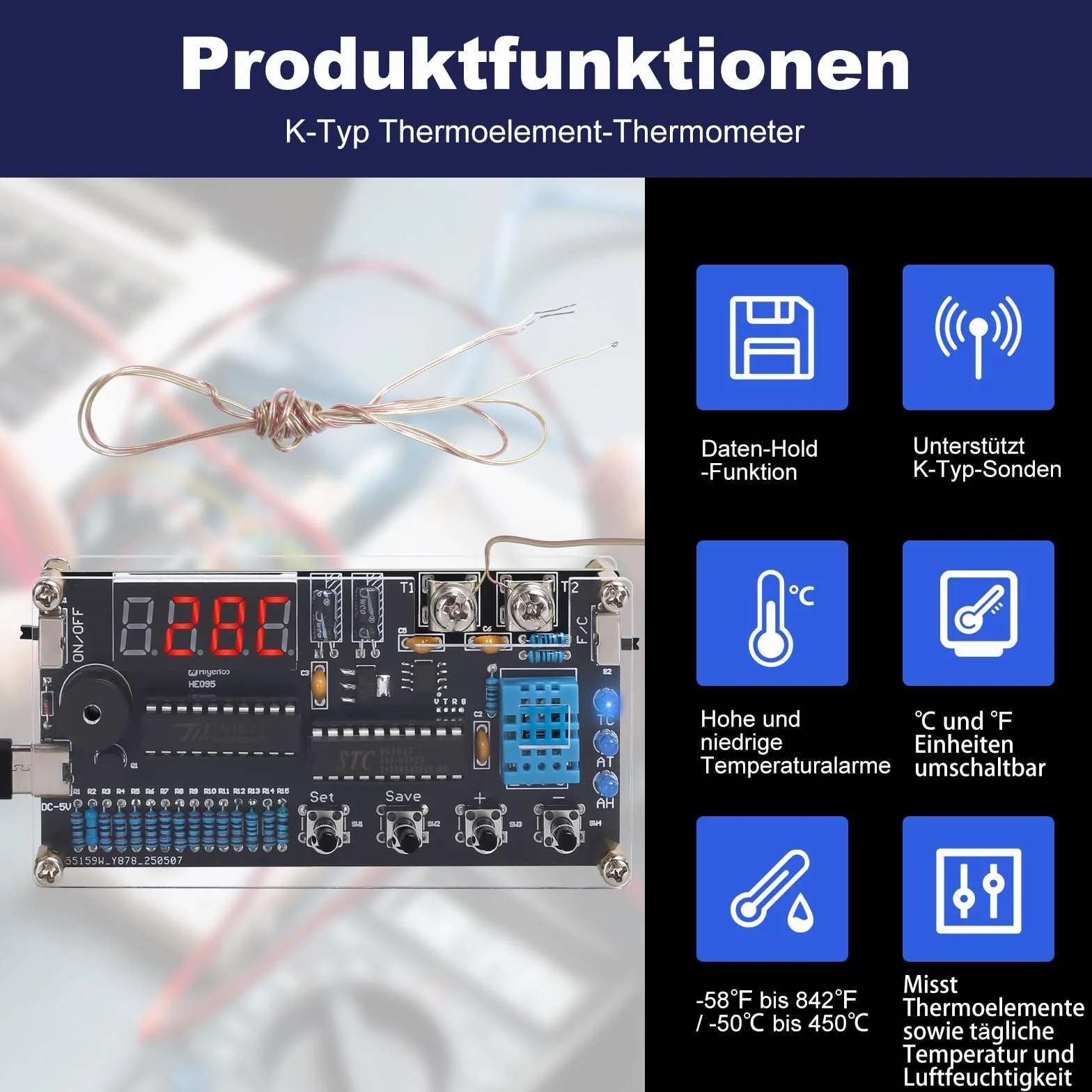 Thermomètre hygromètre à souder DIY DC 4,5 V-5 V -50 ℃ ~ 450 ℃ thermocouple numérique de type K Mini thermo-hygromètre électronique Kit de construction pour bureau, garage ou serre formation